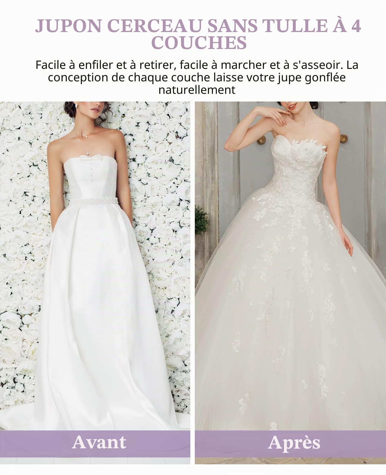Jupon sans Cerceau en Crinoline A-Line Slips pour Robe de mariée Longueur au Sol, Blanc, Taille Unique
