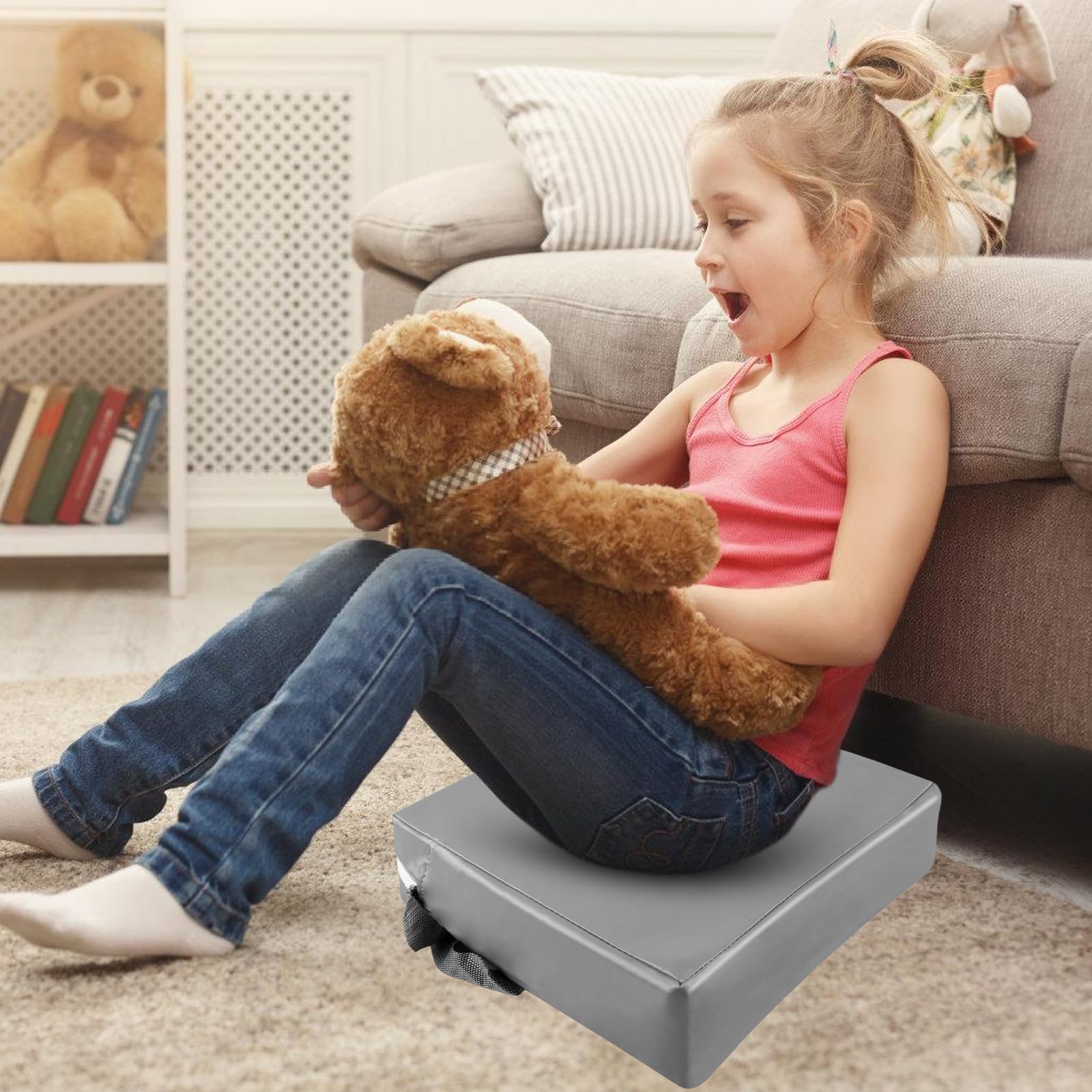 Seduta rialzata per bambini, 10 cm, impermeabile, in tessuto Oxford per bambini, con fibbia di sicurezza, lavabile, smontabile, quadrato, per casa, in viaggio (grigio)