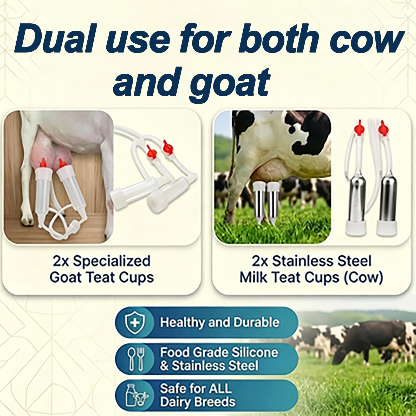 Ordeñadora portátil 2 en 1 de 2,6 gal/10 l for vacas, cabras, con cubo de acero inoxidable apto for uso alimentario, 4 tazas de tetina, sistema de pulsación, for rancho, uso doméstico de lácteos