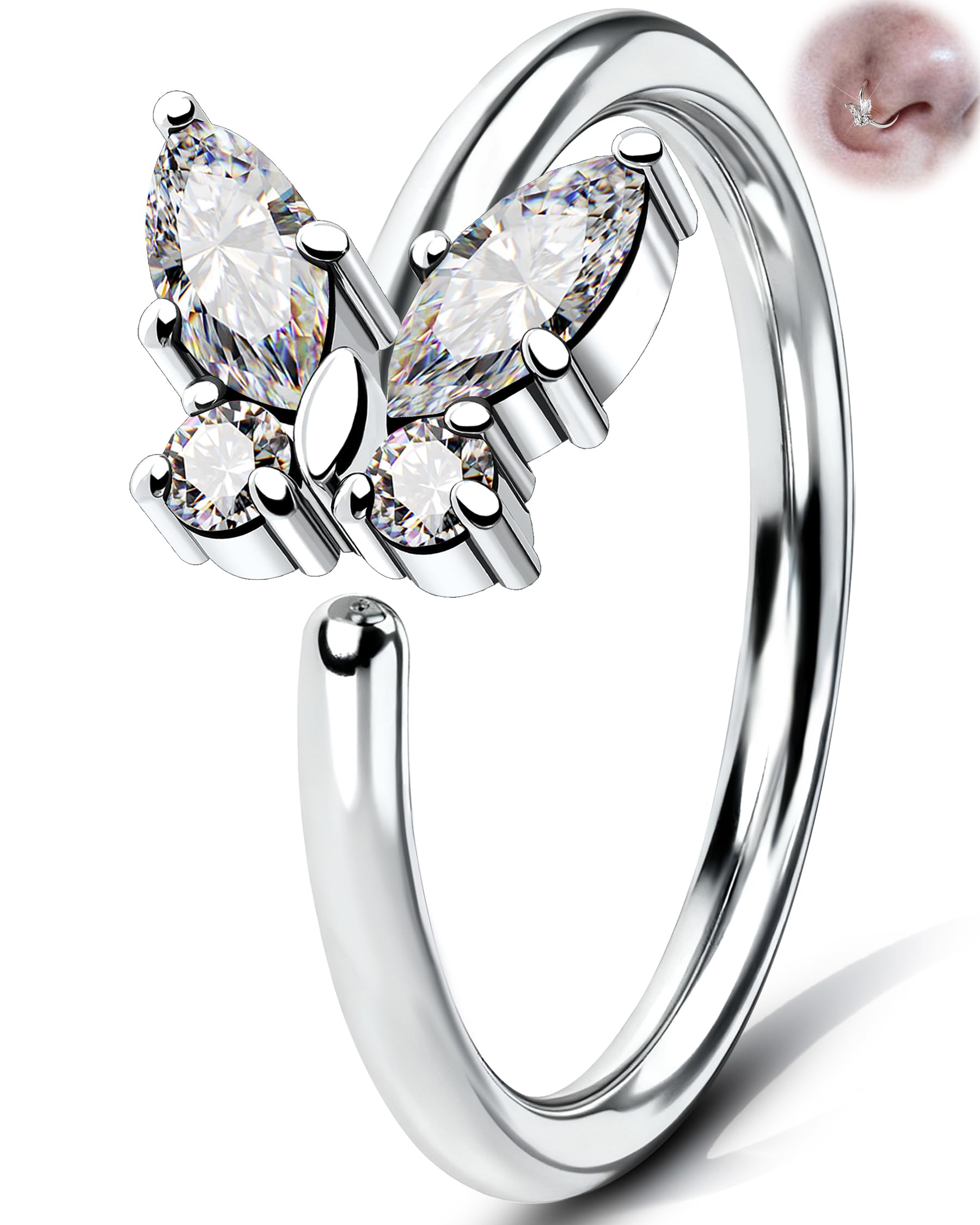 20G Butterfly Nose Ring Hoop, 316L Stainless Steel Nose Piercing Jewellery with Clear Marquise, 8 mm Seamless Twist Nostril Helix Daith Rook Ring for Women
