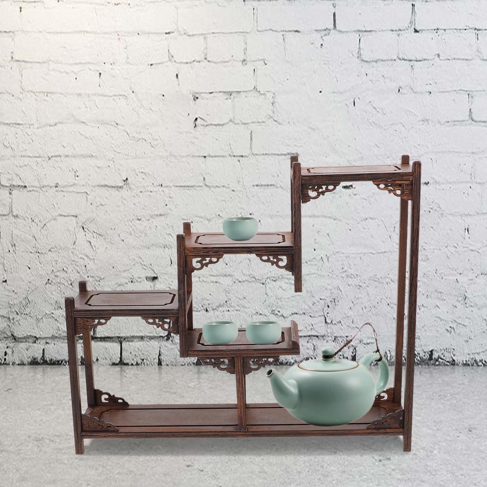 Mehrstufiger Chinesischer Holzständer aus Massivholz zur Präsentation von Sammlungen und Teekannen im Eleganten Pavillon Design für Wohn und Arbeitszimmer