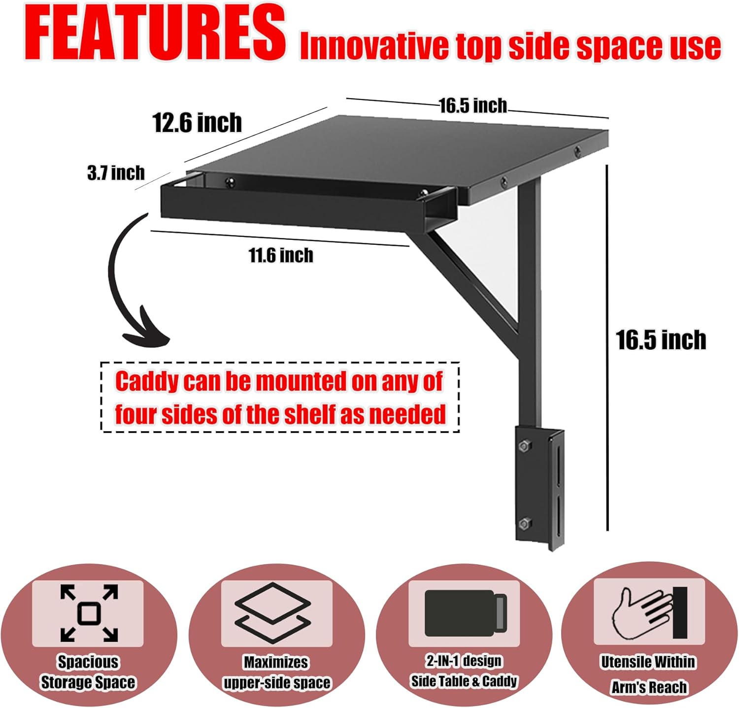Sivsis Upgraded Upper Side Shelf with Blackstone Caddy for 36/28/28XL Inch Griddle, Large Blackstone Side Tray/Shelf with Caddy, Maximize Accessory Storage Space