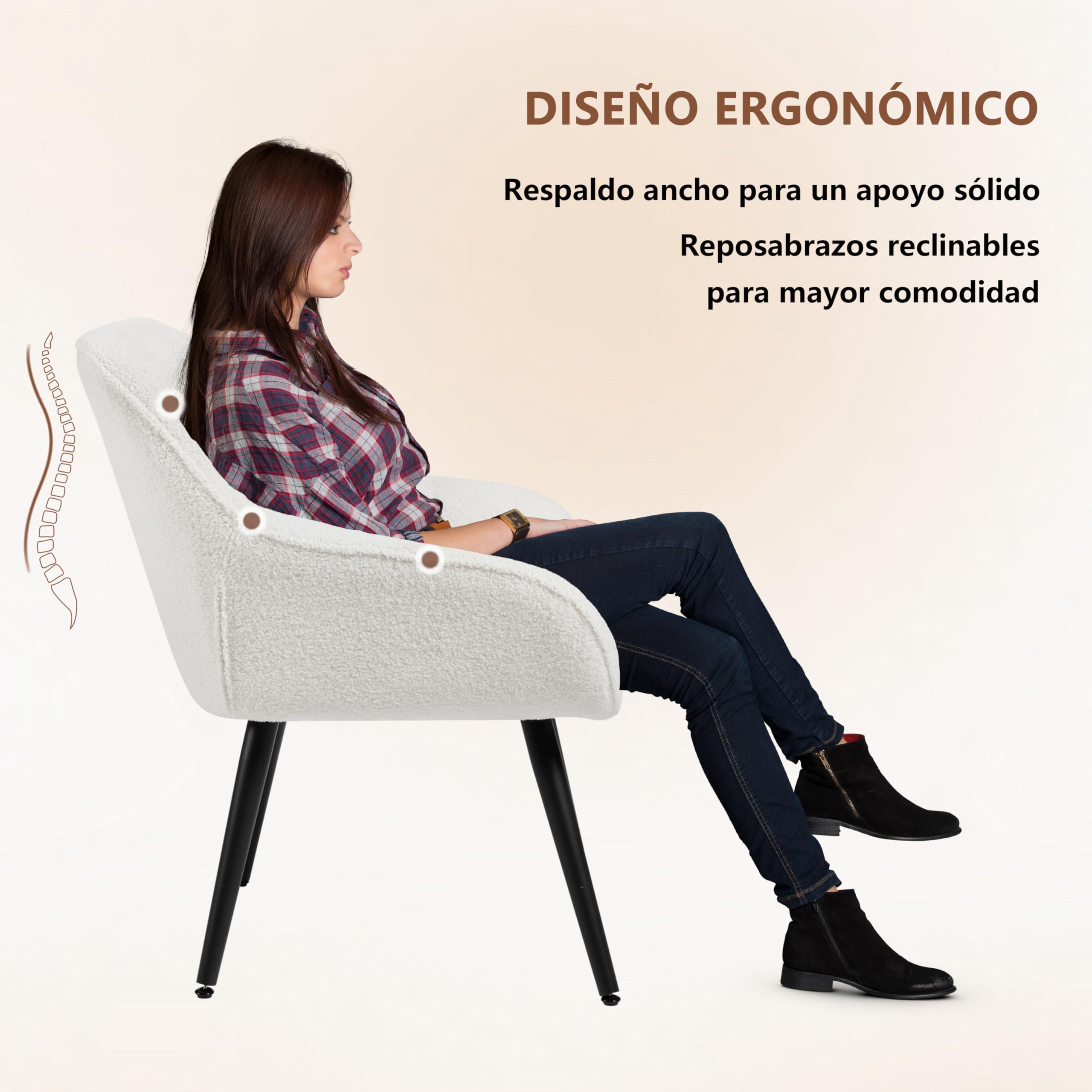 WOLTU Sillón Relax, Butaca Nórdica, Asiento Acolchado Patas de Metal, Crema | Silla Lectura Tapizada de Rizo, Silla Dormitorio con Reposabrazos, Esponja suave, Sillón Moderno para Salón y Dormitorio