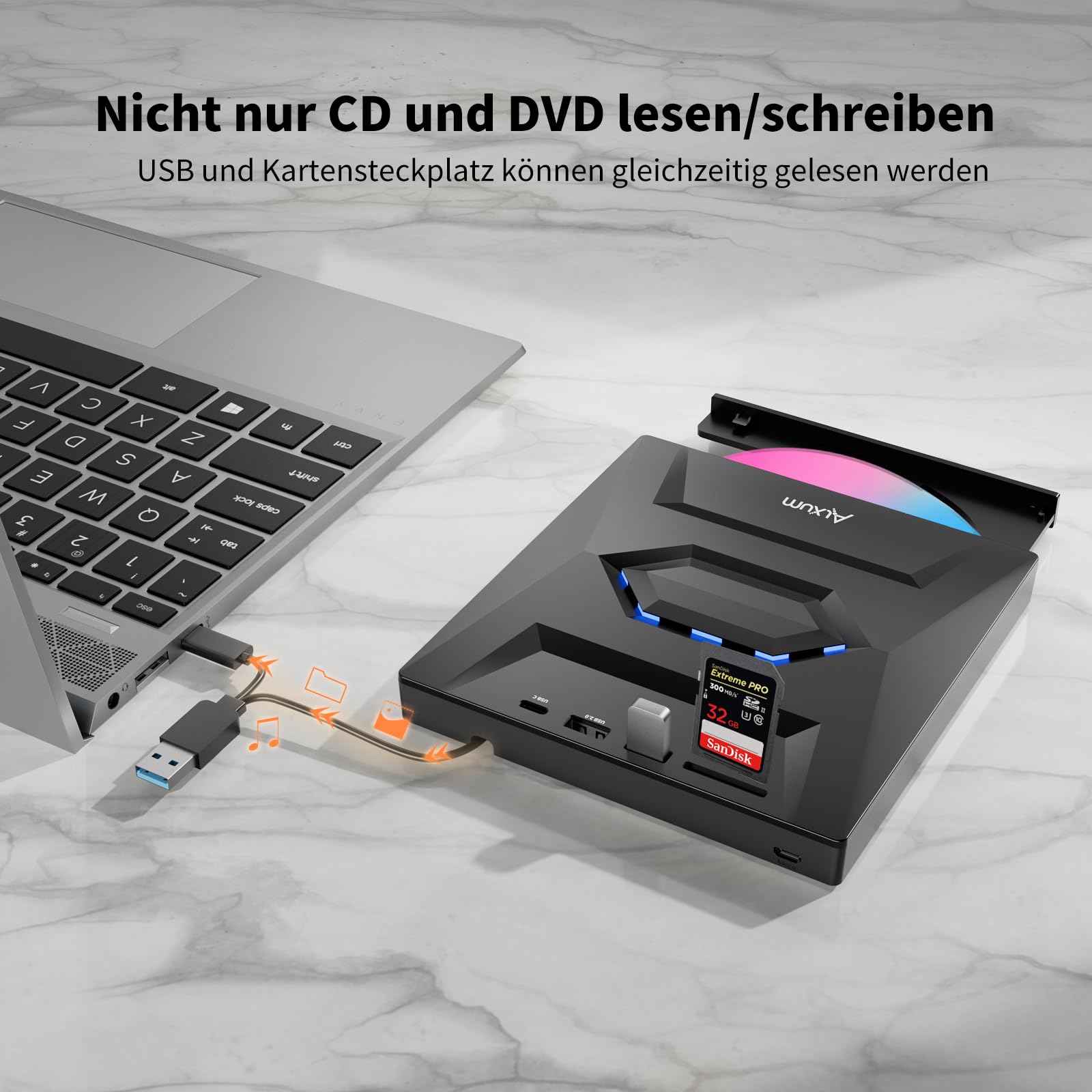 Alxum Zewnętrzny napęd CD DVD do laptopa, przenośna nagrywarka CD typu C USB 3.0 z gniazdem SD i portami USB DVD 8X CD 24X Super szybki czytnik CD/DVD dla Window/Mac OS/Linux/Vista