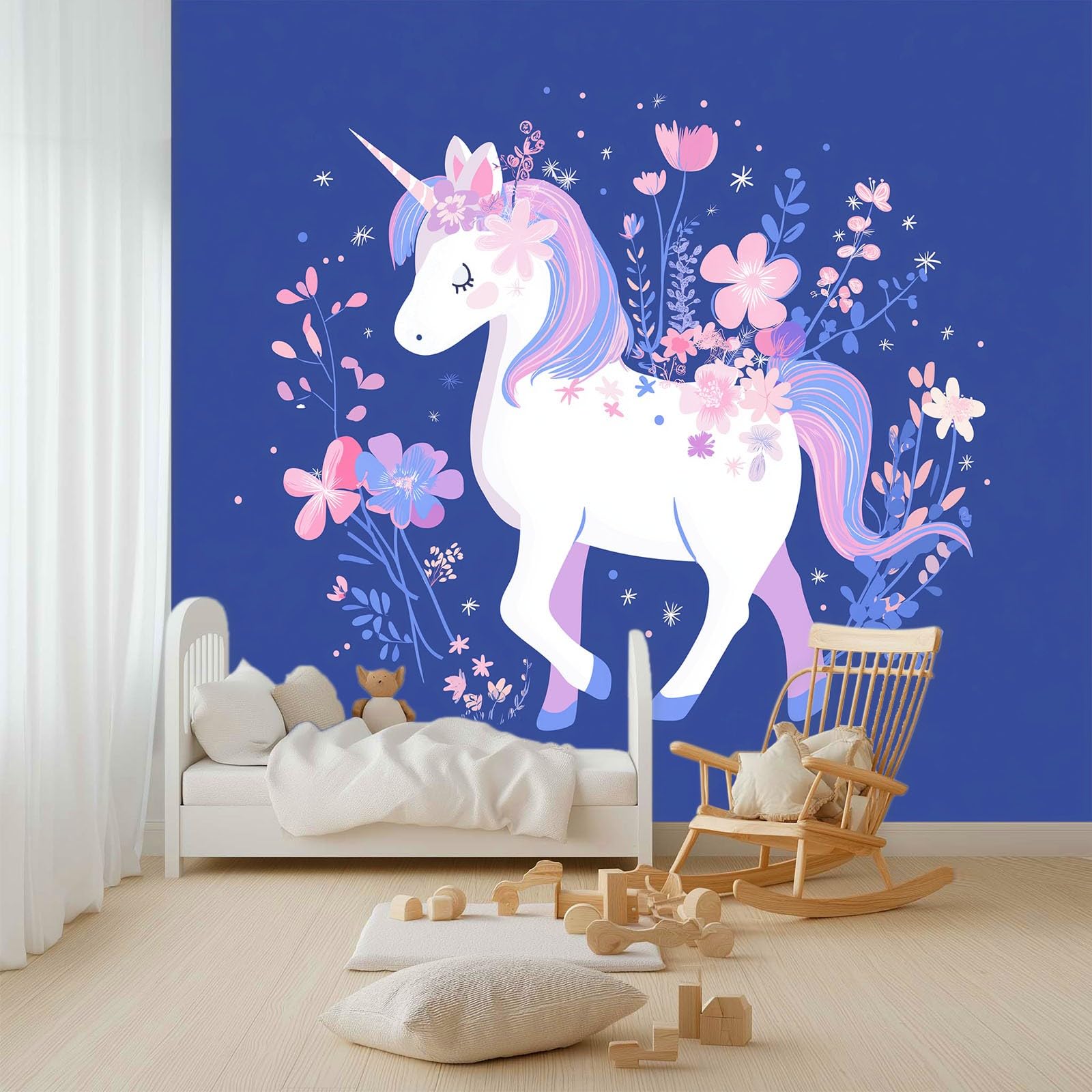 Fantasy zwierzęta, jednorożce, kwiaty, fototapeta dla chłopców i dziewczynek, 200 x 140 cm, fototapety, do pokoju dziecięcego, salonu, sypialni, tapeta na flizelinie, tapeta ścienna, efekt 3D