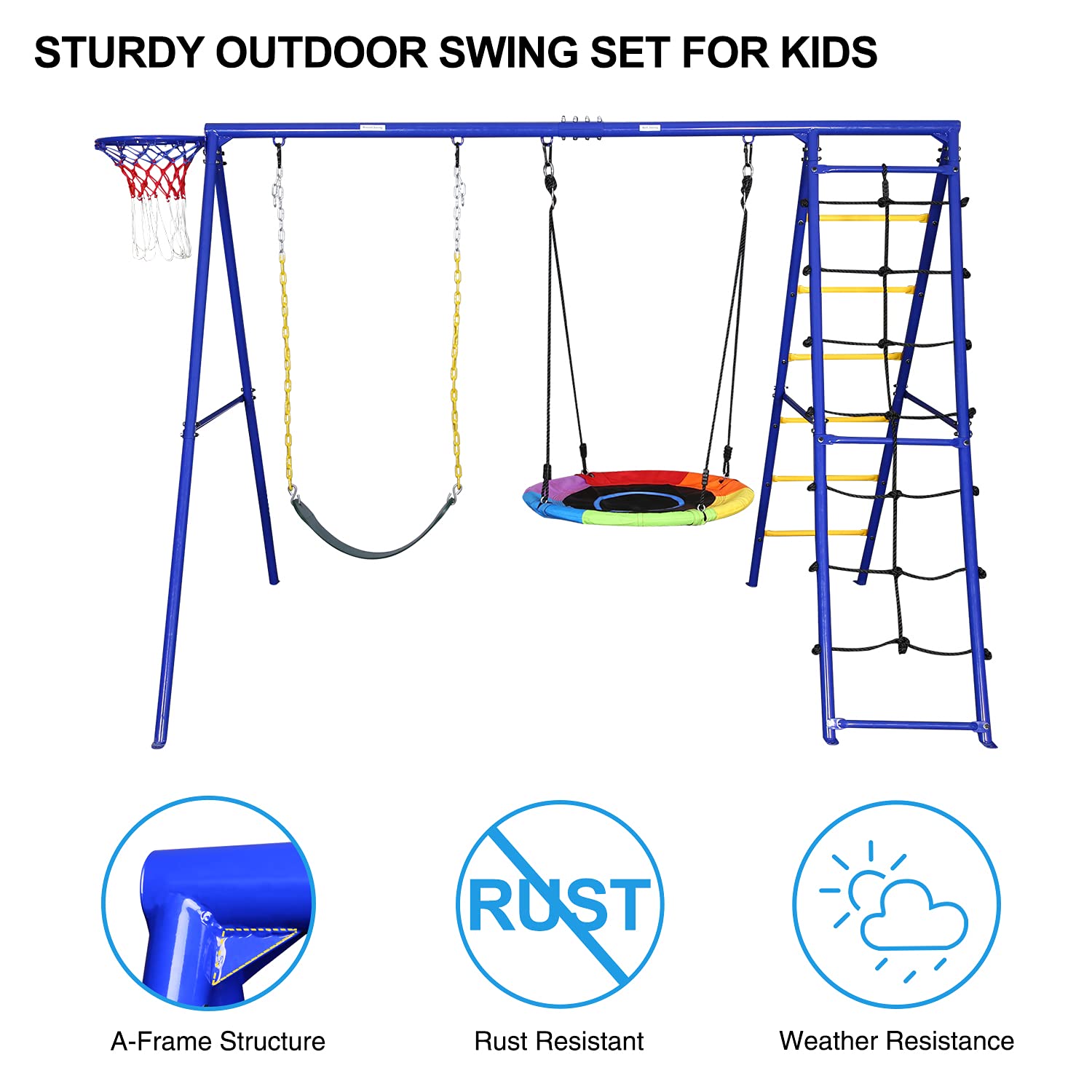 Hapfan 440lbs Metal Swing Sets for Backyard with Heavy Duty Swing Frame, Saucer Tree Swing,Belt Swing,Climbing Rope,Climbing Ladder,Basketball Hoop