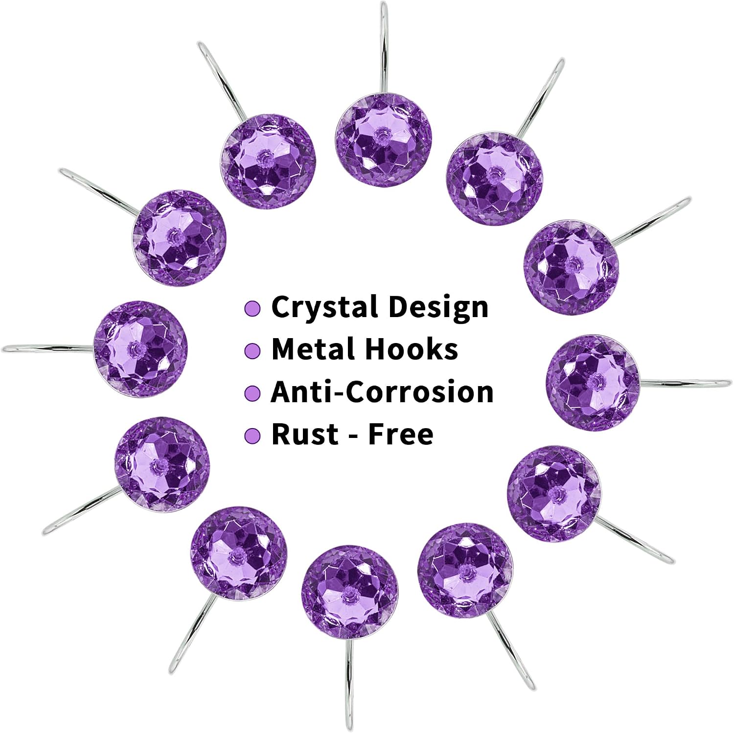 Purple Diamond Crystal Bling Shower Curtain Hooks Rings for Bathroom,12PCS