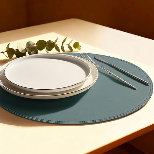 Juego de 6 manteles individuales redondos de vinil azul, impermeables, lavables, de piel sintética, resistentes al calor, para mesa, aptos para Azul