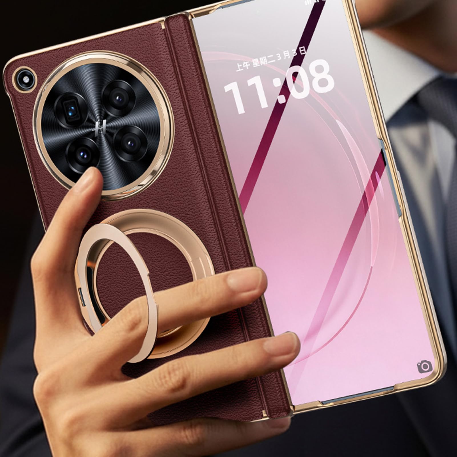 Etui z prawdziwej skóry do Oppo Find N6, ochrona ekranu ochrona ekranu powłoka pierścień etui zawias luksusowa pełna osłona, czarny, N6