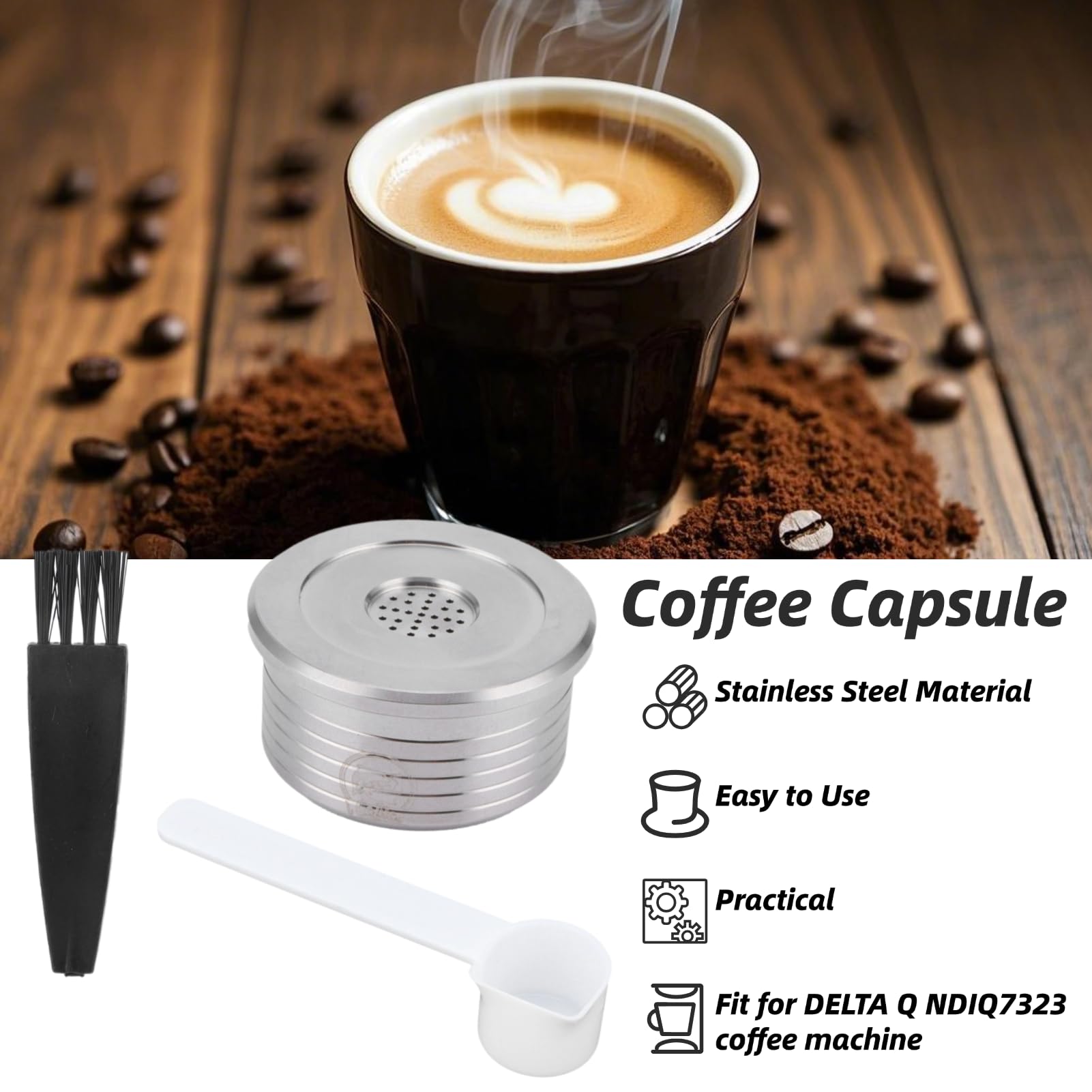 Cápsula de café reutilizable, cápsulas de café recargables de acero inoxidable, con cepillo de cuchara para cafetera DELTA Q NDIQ7323