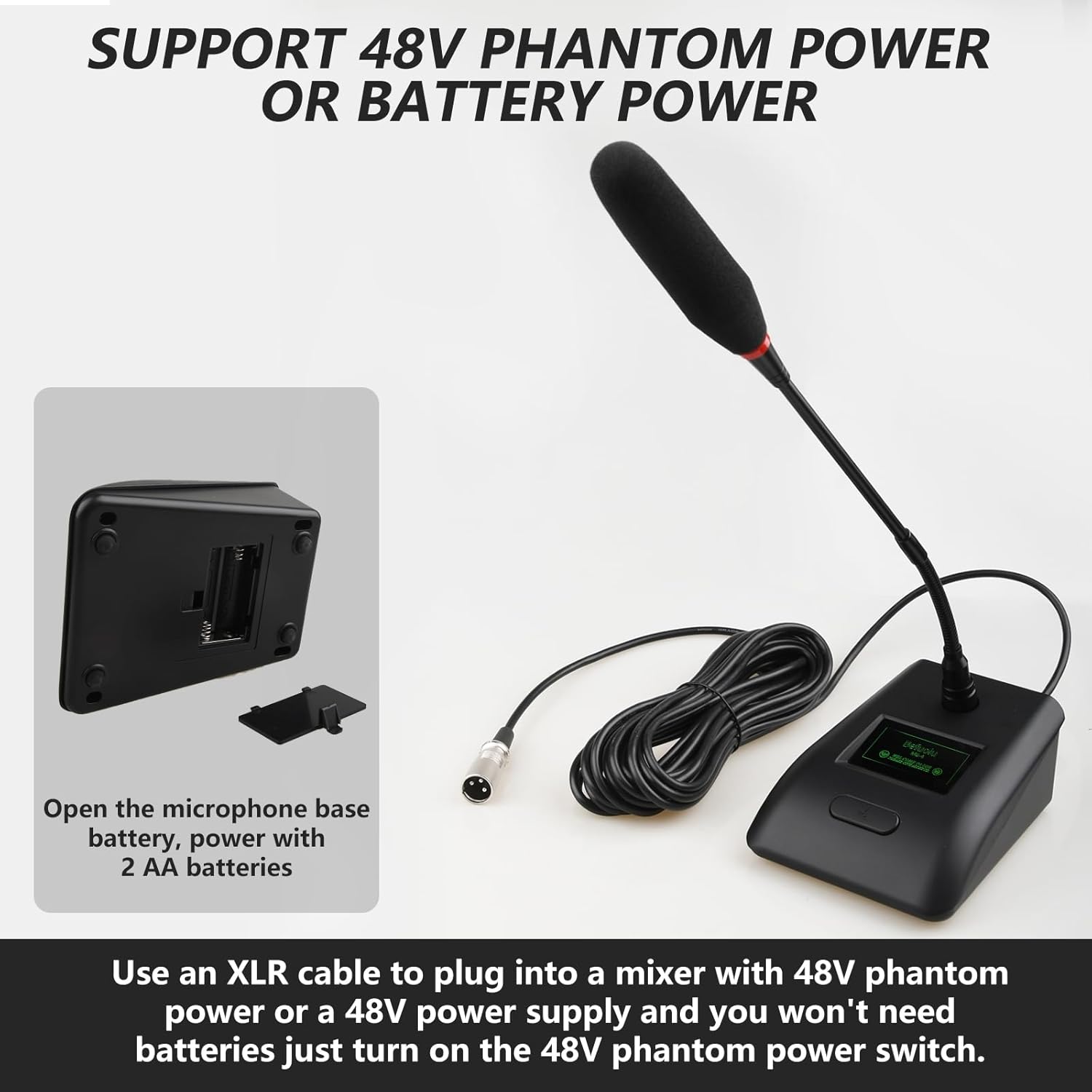 Desktop Gooseneck Conference Microphone Wired with 48V Phantom. Table Mounted Corded Condenser XLR Microphone with 26ft XLR Male to Female Cable and 6.35mm Adapter Cable for Speake, Studio, Recording