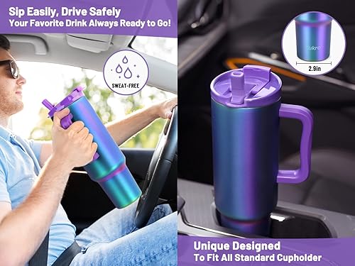 Miniatura 5 de Vaso de 40 onzas con asa y tapa con popote, botella de agua de acero inoxidable aislada al vacío, taza de viaje con tapa de rosca, cabe en el