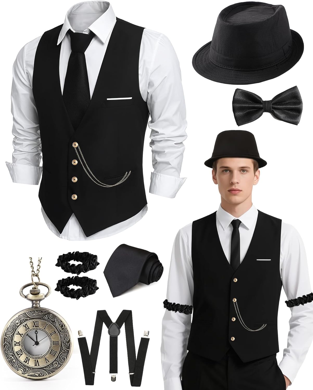 1920s Mens Costume, Roaring 20s Costumes for Men, Fedora Hats for Men 1920S Mens Outfit with Hat, Vest,Pocket Watch
