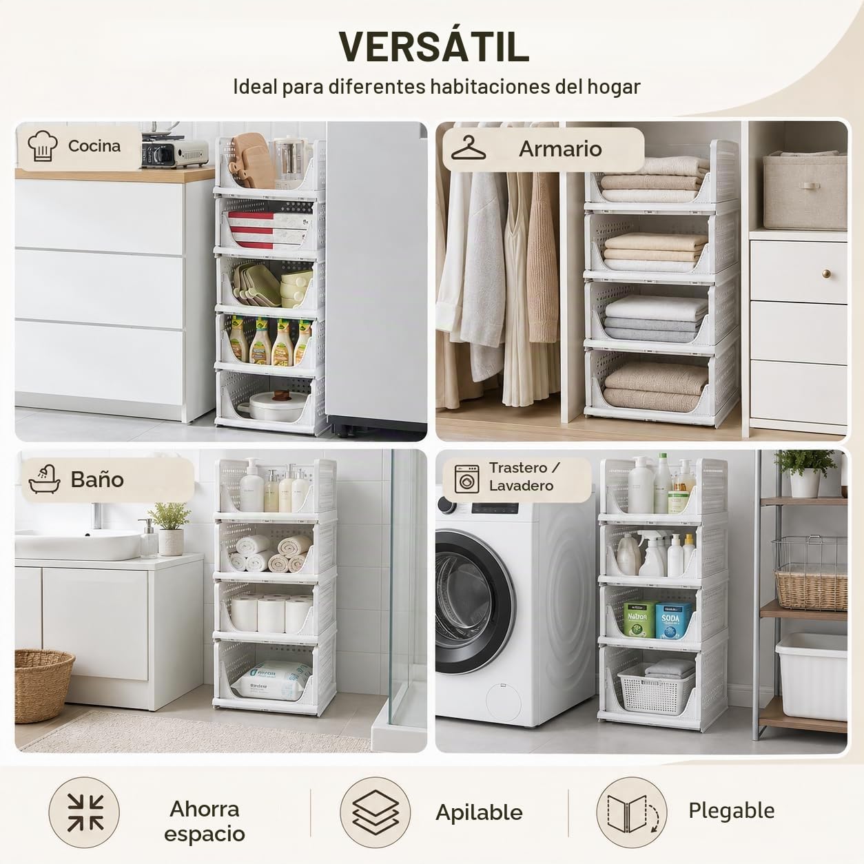 RMAN 3 pcs Cajas Almacenaje Cajones Extraíbles Plástico Blanco | Apilable, Plegable, Para Ropa Cocina Dormitorio Baño, Organizador Armario