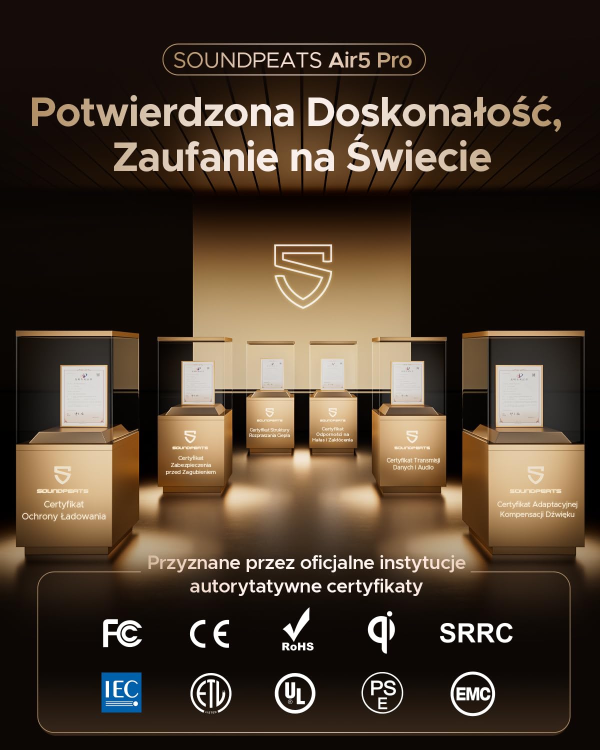 SOUNDPEATS Air5 Pro Bezprzewodowe Słuchawki Douszne z Adaptacyjnym Hybrydowym Tłumieniem Hałasu, Bluetooth 5.4, Hi-Res Audio z aptX Lossless i LDAC, 6 Mikrofony, 37H Czasu Odtwarzania Czarny