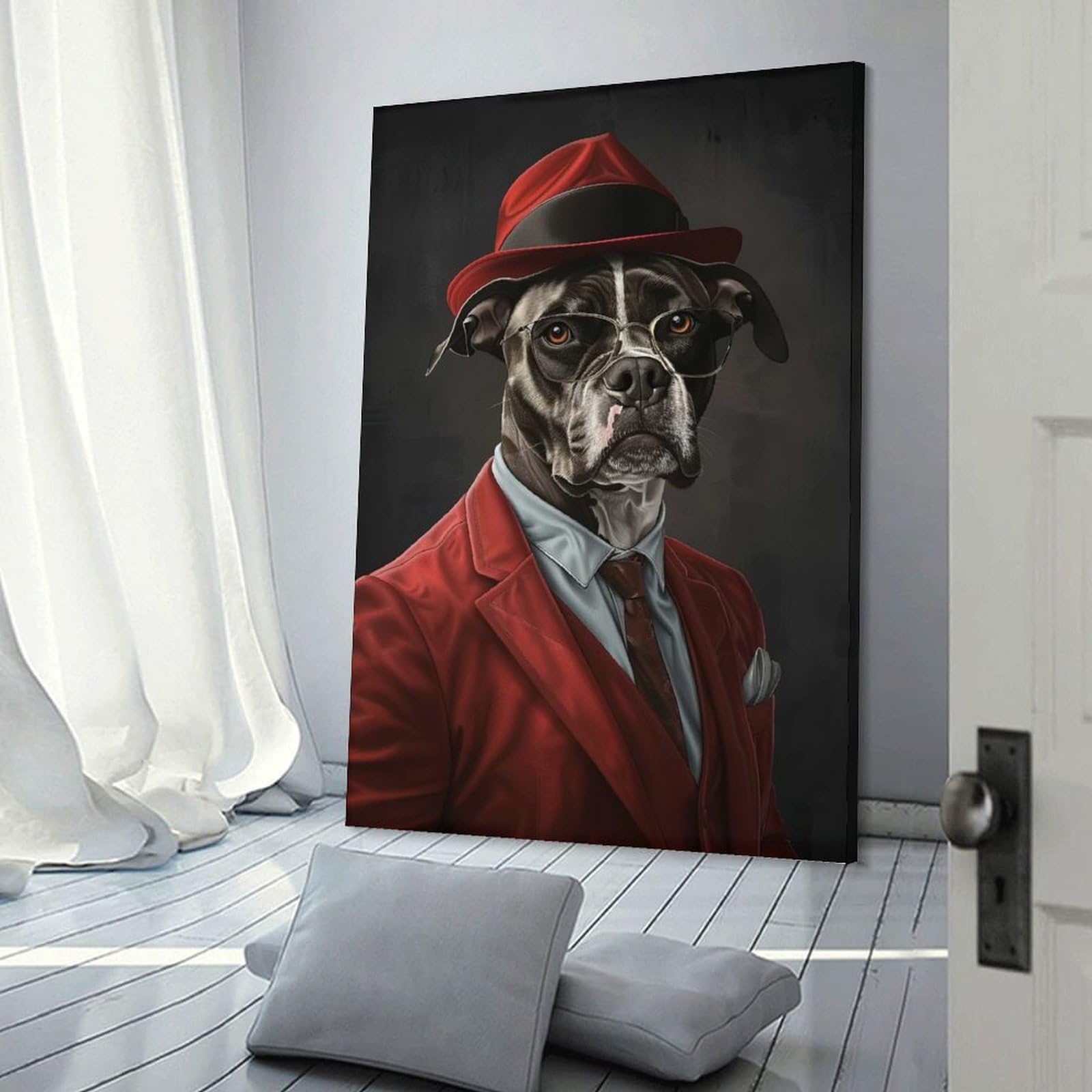 Junmoney Frame-Style-7 Hanging Wall Art American Staffordshire Terrier Suit And Hat, 16X24inch(40X60cm), For Wall Displays, Bedrooms Or Room Updates, Wall Decor Suited To Curated Displays