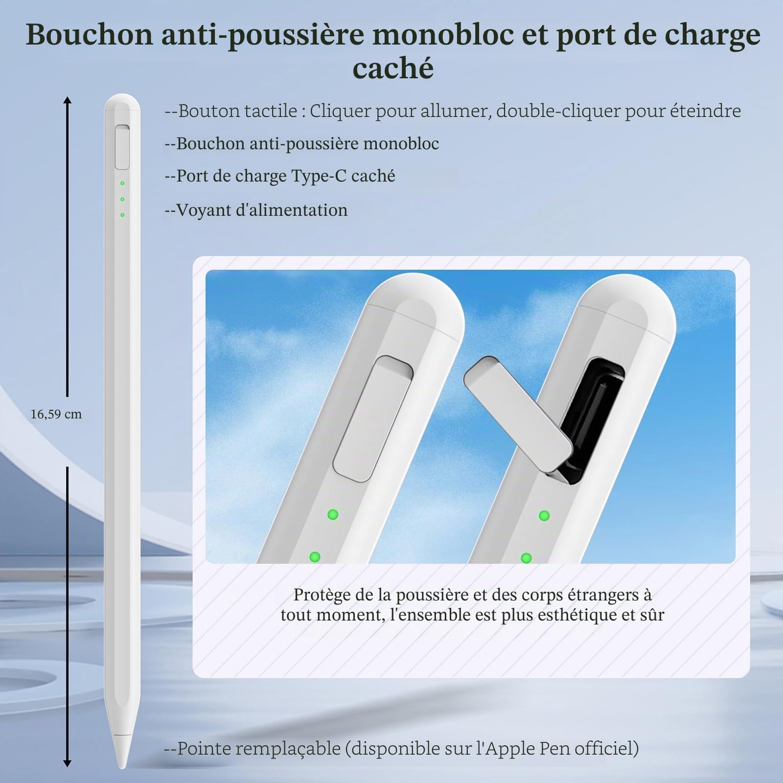 Stylet pour iPad 11 et 10e génération, Charge Plus Rapide 14 Minutes, avec Porte-Crayon, rejet de la Paume, sensibilité d'inclinaison, pour iPad Air11 et 13" (M3/M2), iPad Pro 11" et 13" (M4)