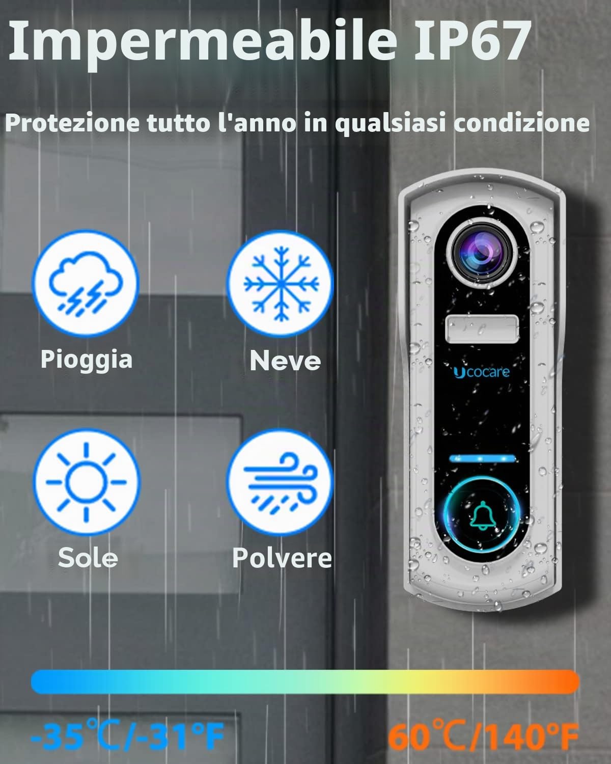 UCOCARE 2K/4MP Campanello Senza Fili da Esterno, Citofono Senza fili da Esterno Wifi Campanello Video, Citofono Telecamera, Alimentato a Batteria, Rilevamento Movimento, IP67 (Campanello USB)