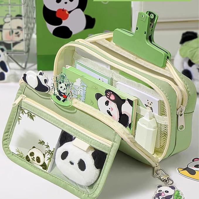 Schoolbenodigdheden Grote Capaciteit Panda Etui, Leuke Etui, Meerlagige Leuke Etui voor Meisjes, Rits Pen Pouch Houder, Panda Briefpapier Case, Potlood Pouch met Rits voor Pennen, Potloden, Groen