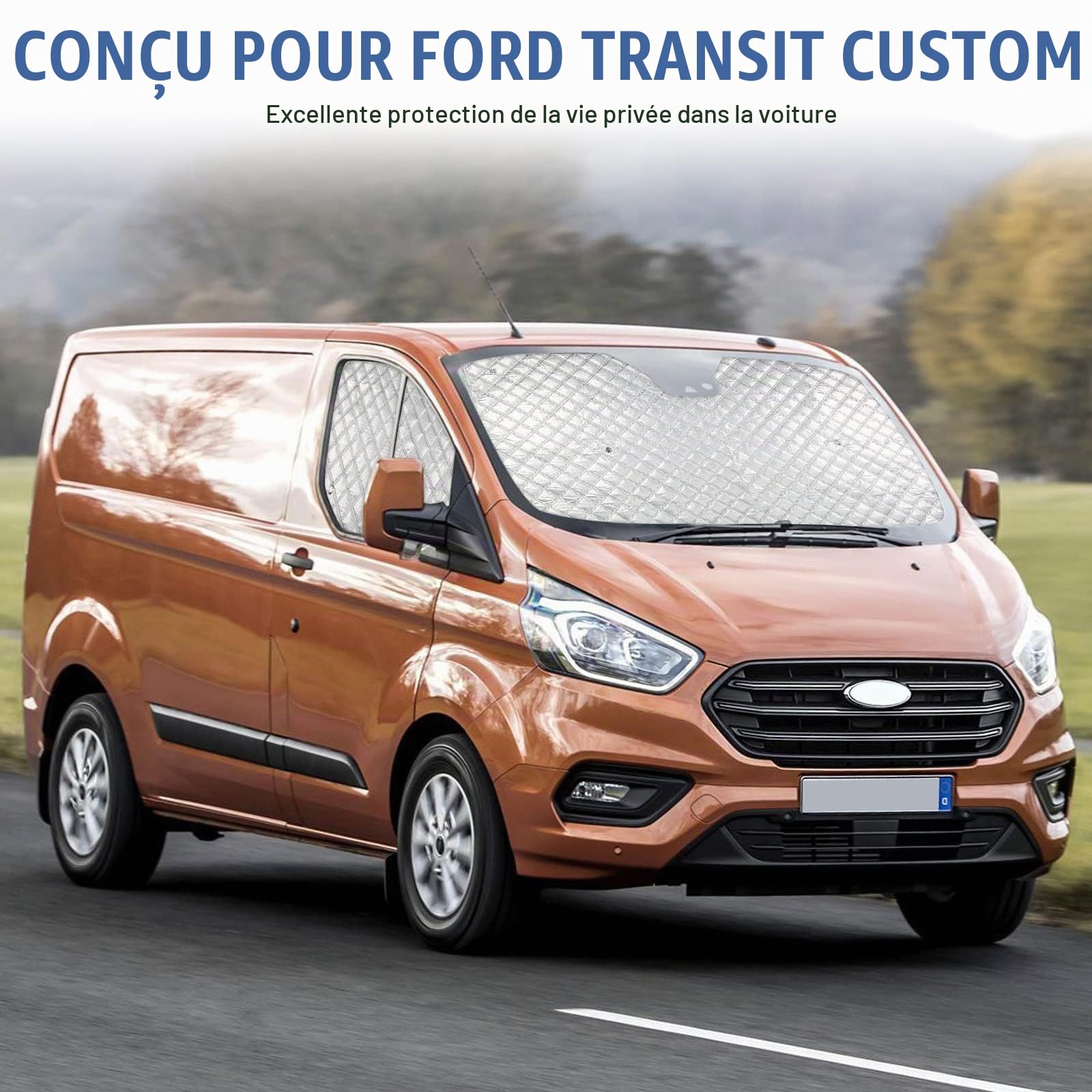 Pare-Soleil pour Pare-Brise de Camping Car Compatible avec Ford Transit Custom 2012-2022, Lot de 3 Pare-Soleil Thermiques Internes avec Sac de Rangement, 100% Occlusion