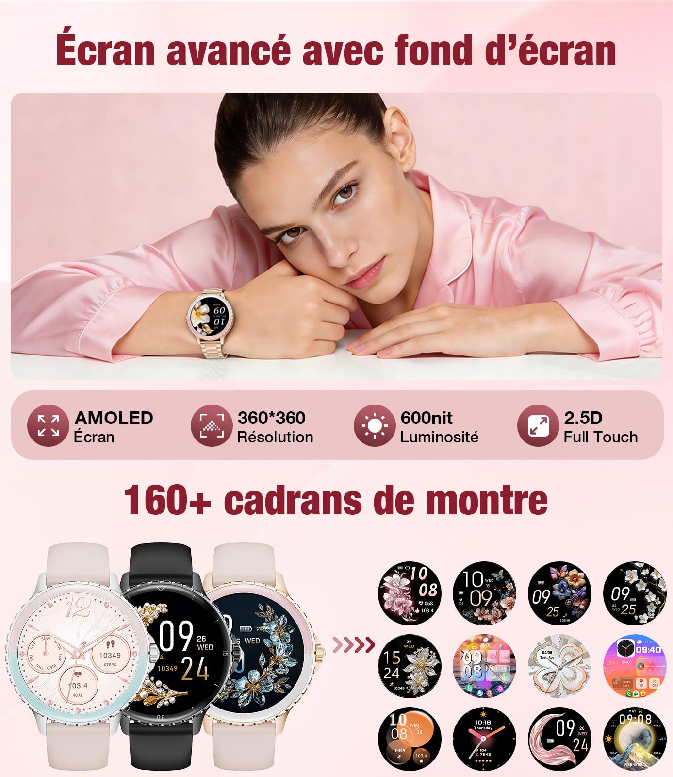 Montre Connectée Femme Ronde, 1,27" Smartwatch Femme avec Appel Bluetooth, Montre Intelligente Santé Féminine Fréquence Cardiaque SpO2 Sommeil Montre Fitness Podomètre, Or Rose