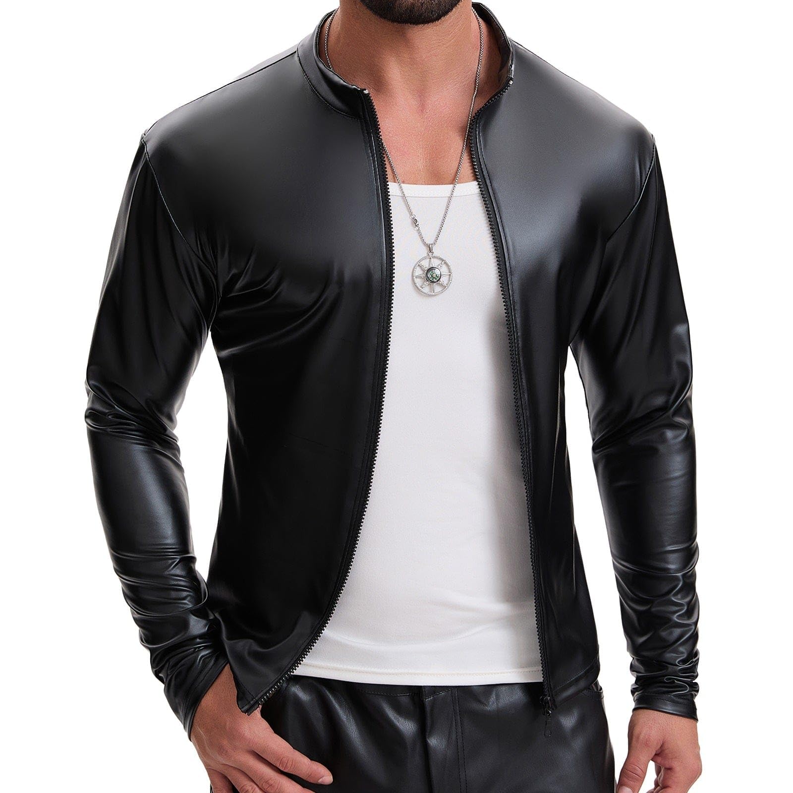 Chaqueta de cuello alto de cuero suave brillante para hombre, camisa de manga larga con cremallera completa, color liso elástico casual