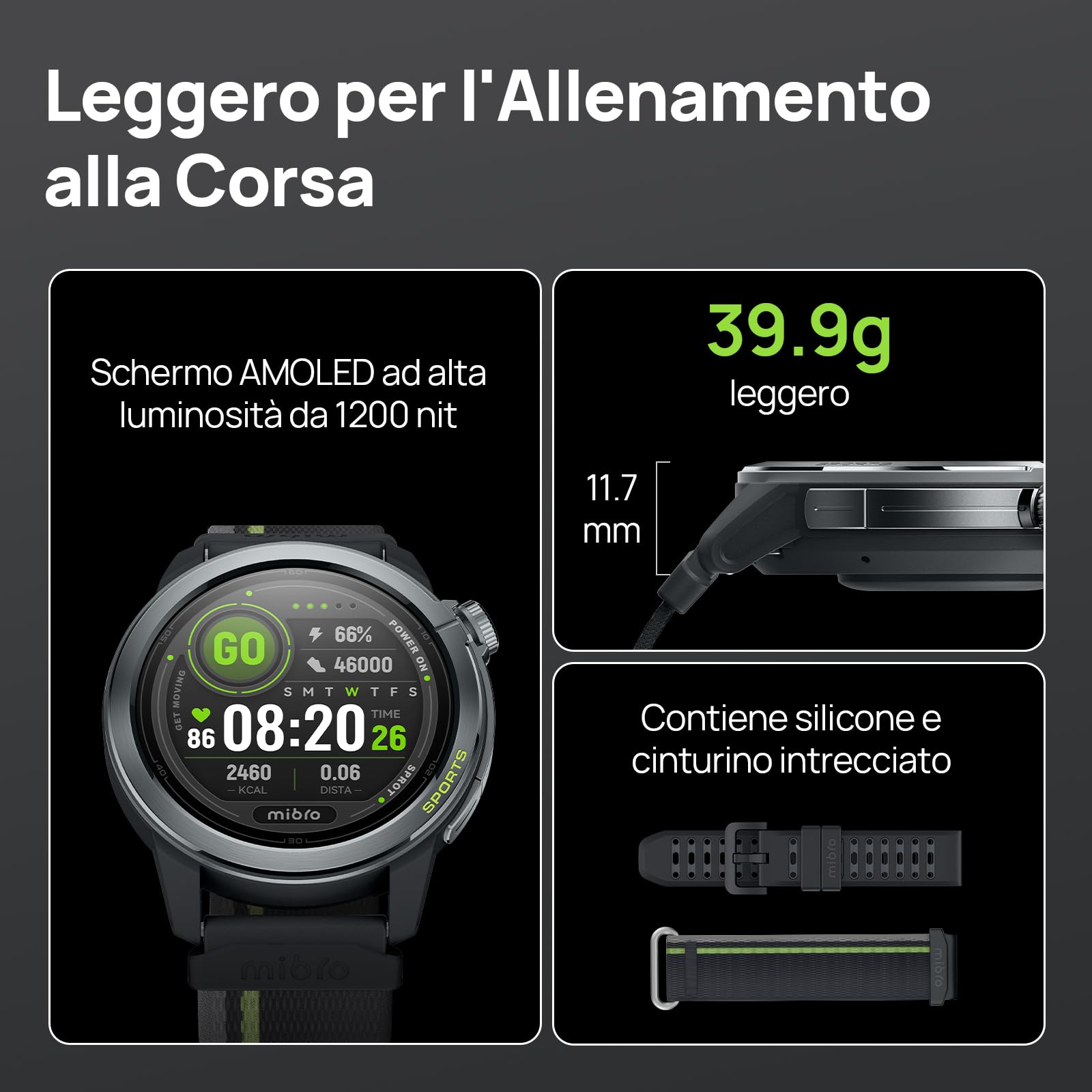 Mibro GS Active 2 Smartwatch Uomo Donna per Corsa, GPS, 5ATM, Grigio Scuro