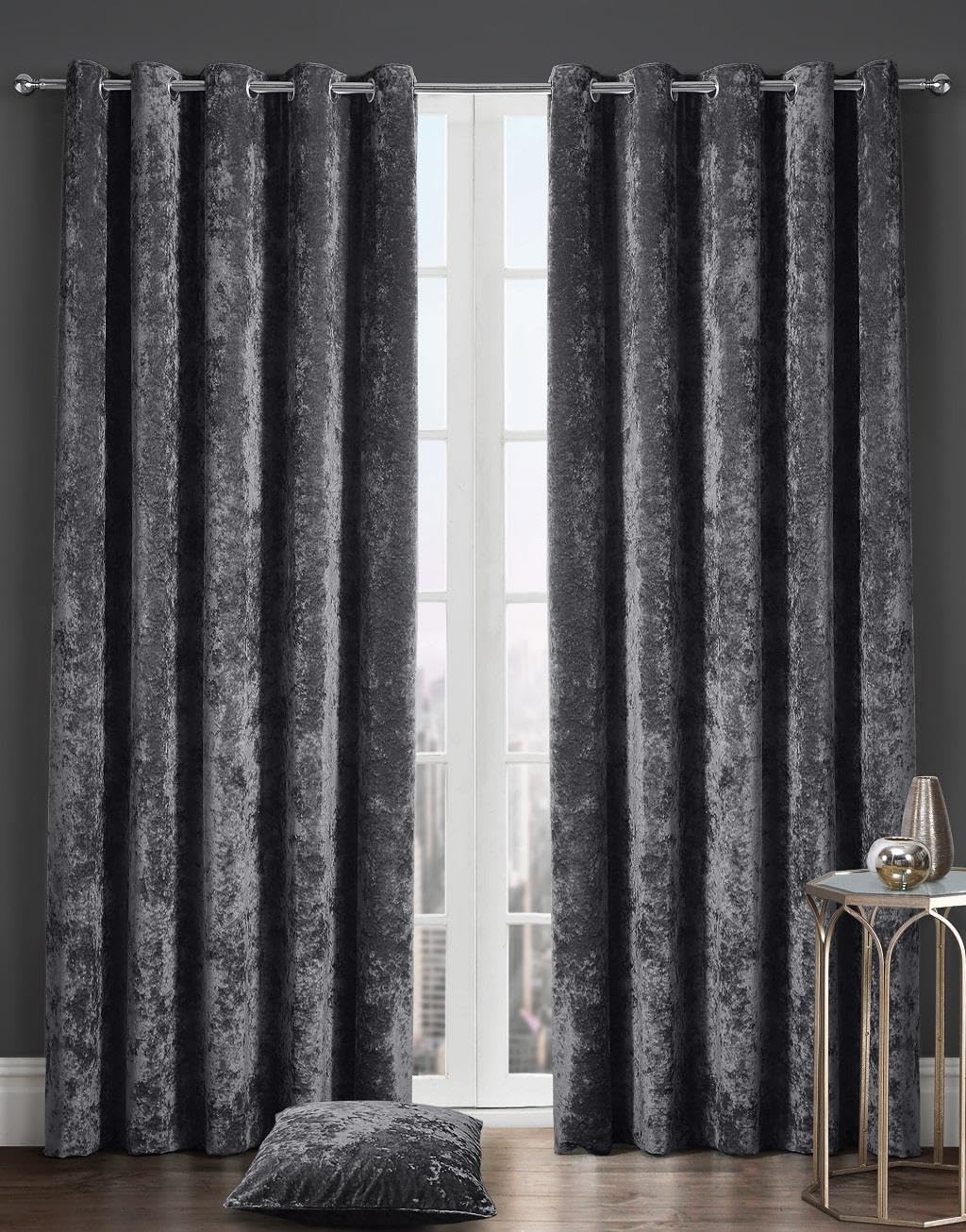 Kampala Hill Crushed Velvet Eyelet Ring Top Light Filtering Curtains Charcoal Black 66x90, W 66.1" x L 90.2" (2 Panels)