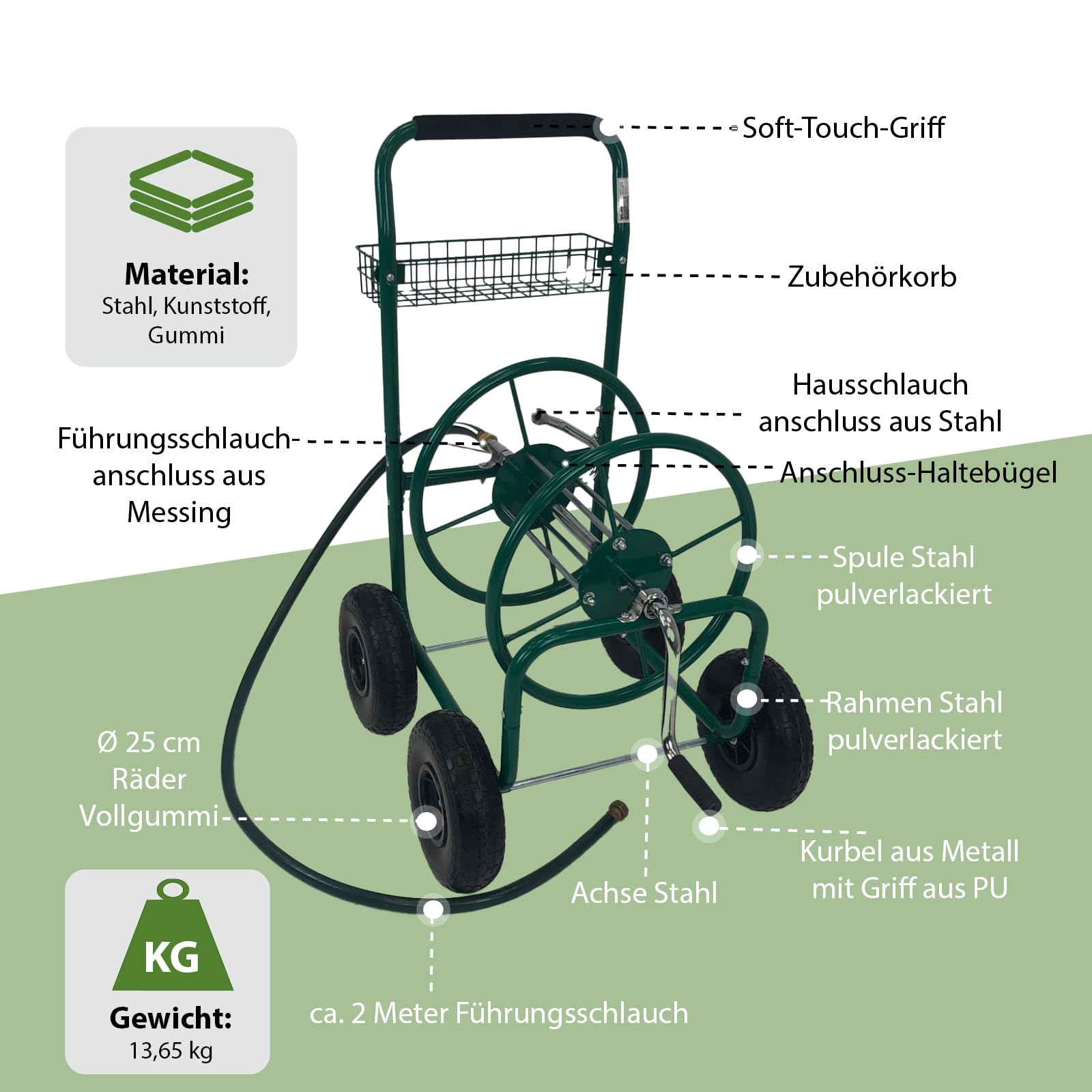 TRUTZHOLM Schlauchwagen Premium 4 Vollgummiräder, 92 x 57 x 78, pulverlackierter Stahl, für 80 m Gartenschlauch, Anschluß 3/4", adaptierbar auf 1/2 Zoll, Gartentrommel Schlauchabroller Schlauchhalter