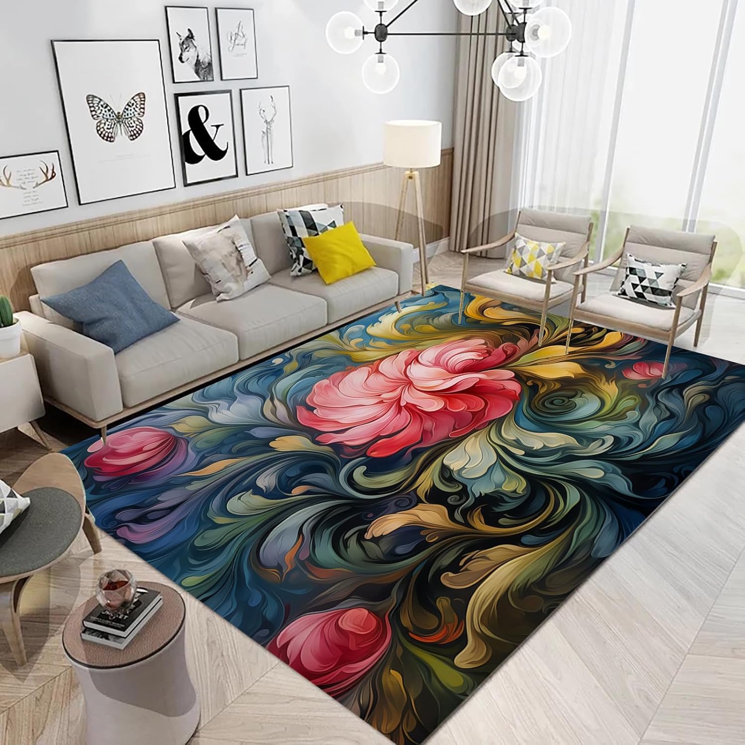 Tapis de salon doux et facile à nettoyer pour chambre d'enfant fleurie