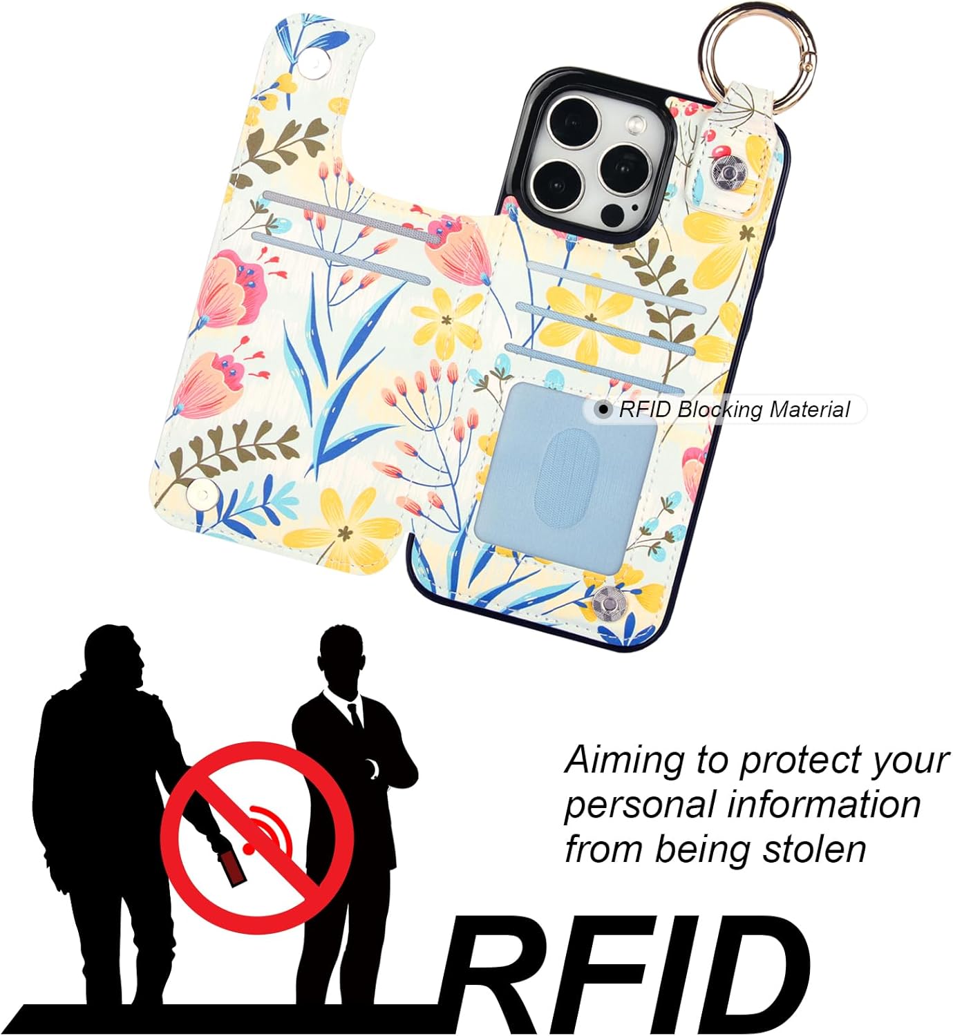 HAOPINSH for iPhone 15 Pro Max Wallet Case with Card Holder, Floral Flower Print Back Flip Folio PU Leather Kickstand Card Slots Case, Finger Grip Ring Double Magnetic Clasp Shockproof 6.7"