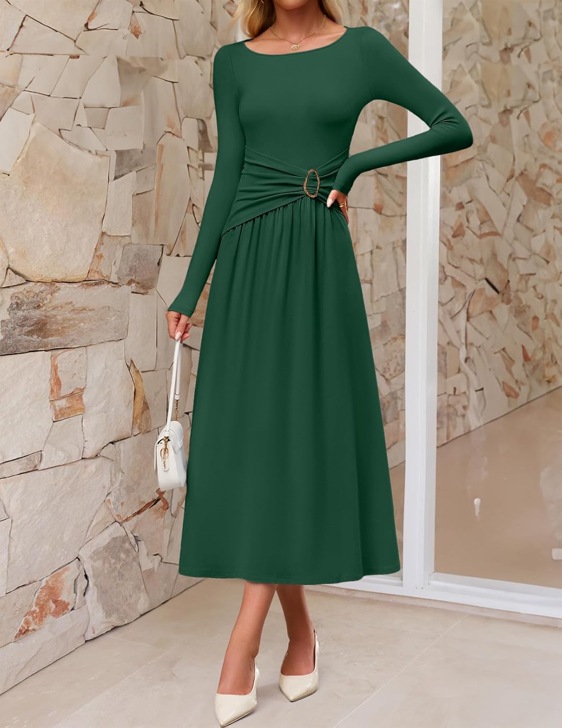 MEROKEETY Women's 2025 Fall Long Sleeve Midi Dress Elegant Boat Neck Ruched Swing Cocktail Party Dresses - Image 4