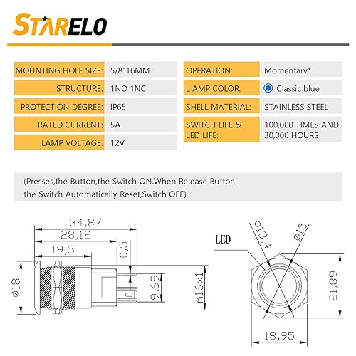 Miniatura 2 de STARELO 5 interruptores de botón LED momentáneos de 0.630 in, carcasa plateada, interruptor de botón impermeable IP65, 1NO 1 NC con enchufe de