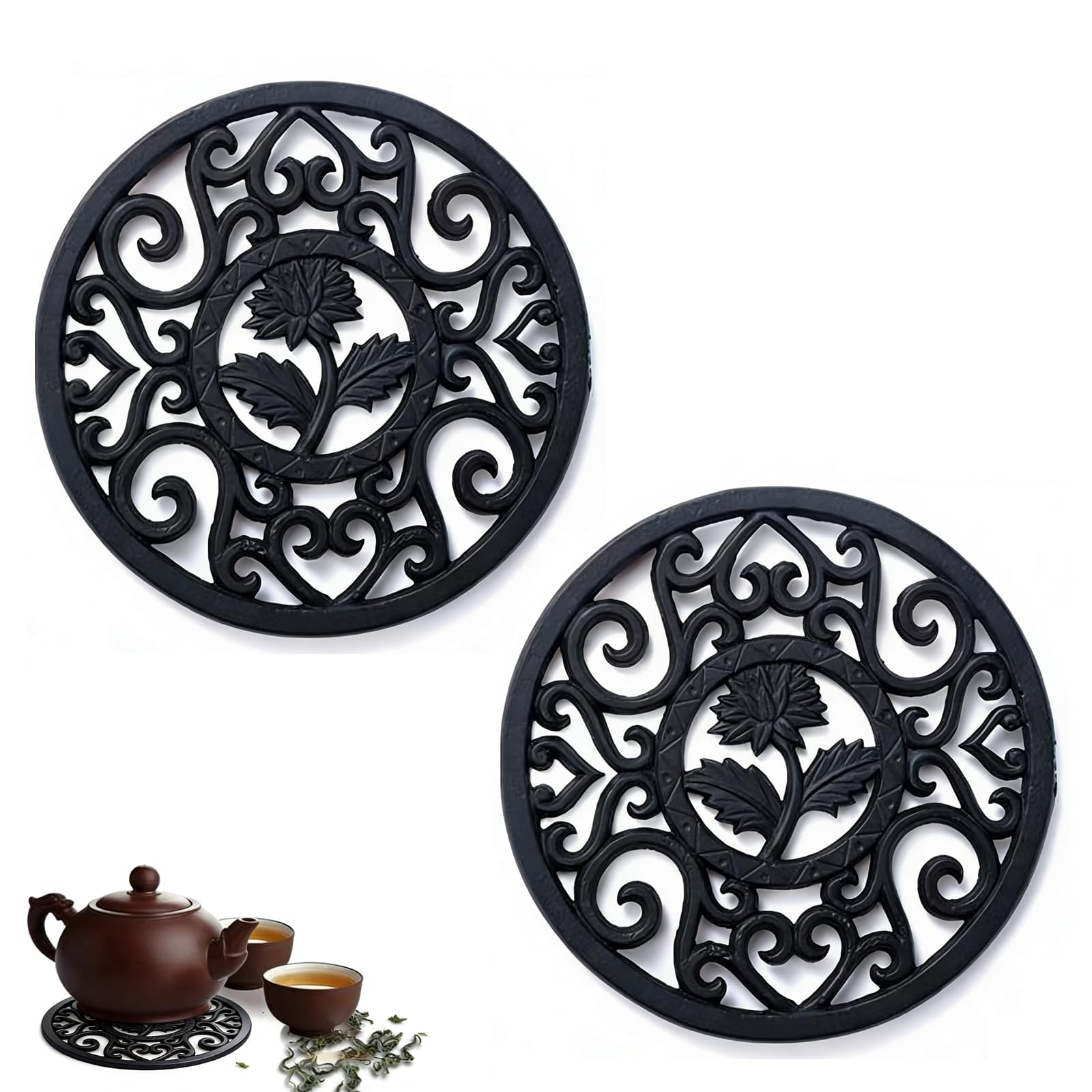 2 Pcs 11.5cm Cast Iron Trivet, Round Teapot Stand, Non-slip Metal Teapot Mat with Vintage Carved Pattern for Heat-Insulation, Dining Decor, Gift (Black)