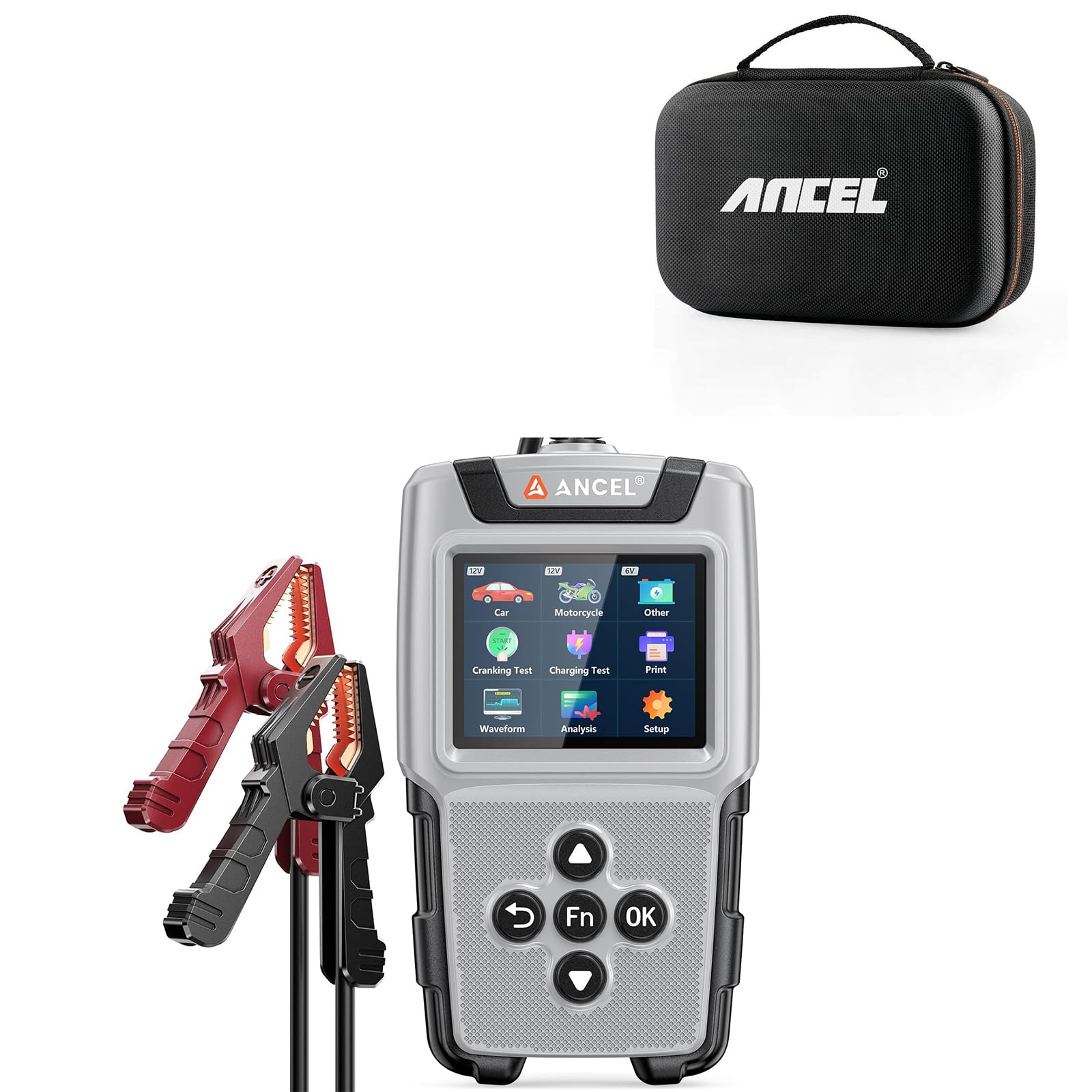 ANCEL BA101 Plus performing multiple tests including battery, cranking, and charging tests for various vehicles