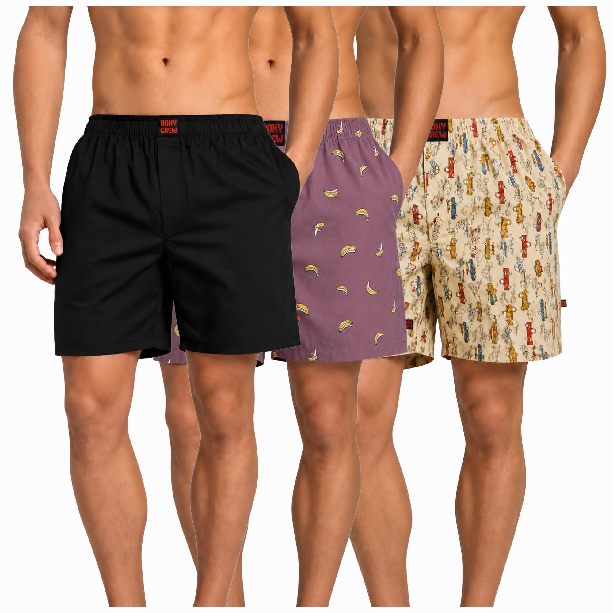 Men's 100% Cotton Boxer Shorts Pack of 3, Black, Rose Pink & Beige | Woven Boxers with Side Pockets, No-Marks Elastic Waistband, Breathable Relaxed Fit | Style 001-006-013-picture-10