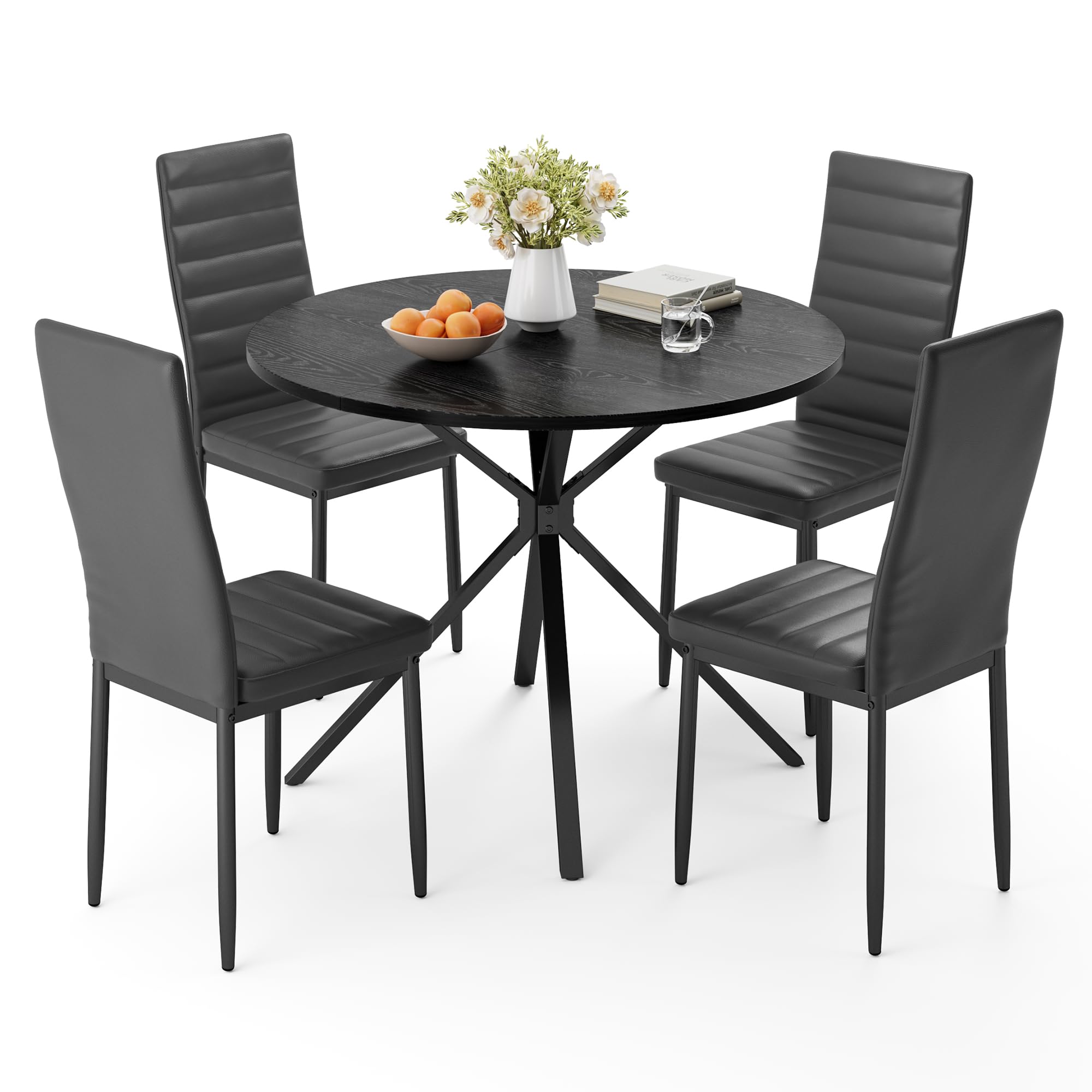 Xbro Dining Table and 4 Chairs Set, Round Dining Table for Dining Room Kitchen Living Room, Sturdy Structure for Small and Large Spaces, Black