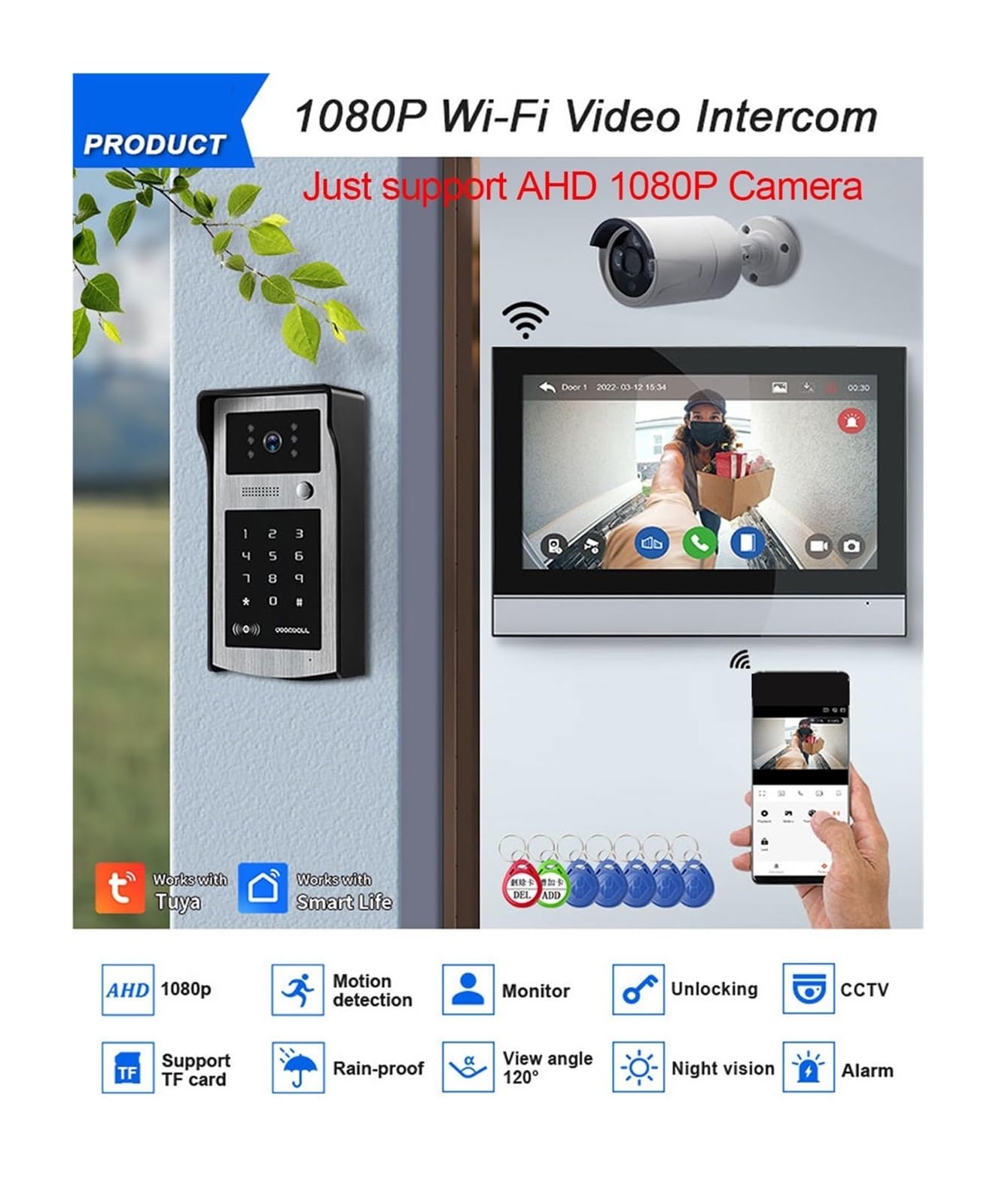 Wideodomofon, Tuya Wifi 1080P Wideodomofon 10'' Monitor dotykowy Kamera System bezpieczeństwa Hasło RFID(2v1 10inch 32G Card)