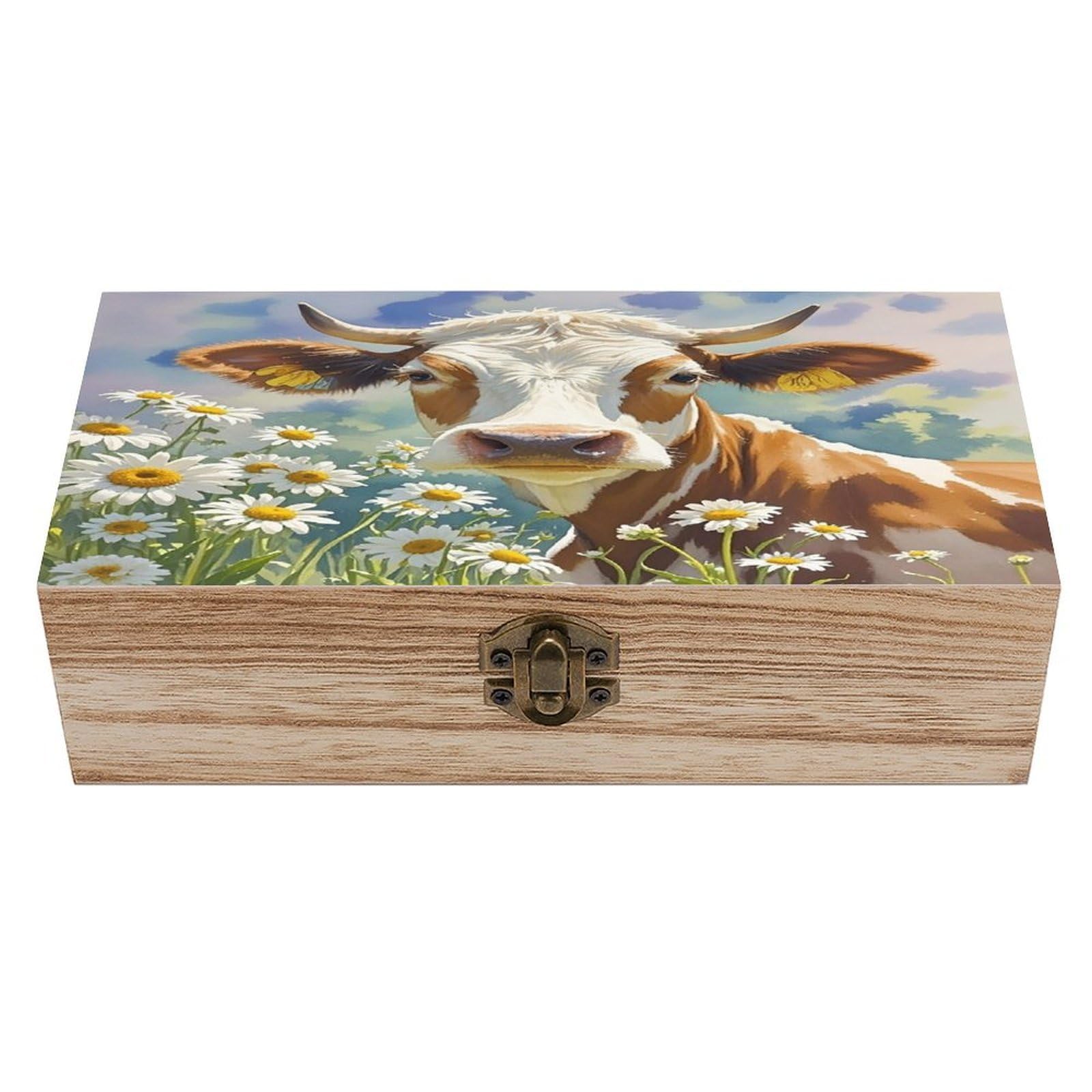 LZQPOEAS Watercolor Cow And Daisy Flower Wooden Box Storage Space to Organize Jewelry in A Beautiful Small Storage Box Decorative Card Boxes Memory Treasure Boxes for Crafts And Photo Storage