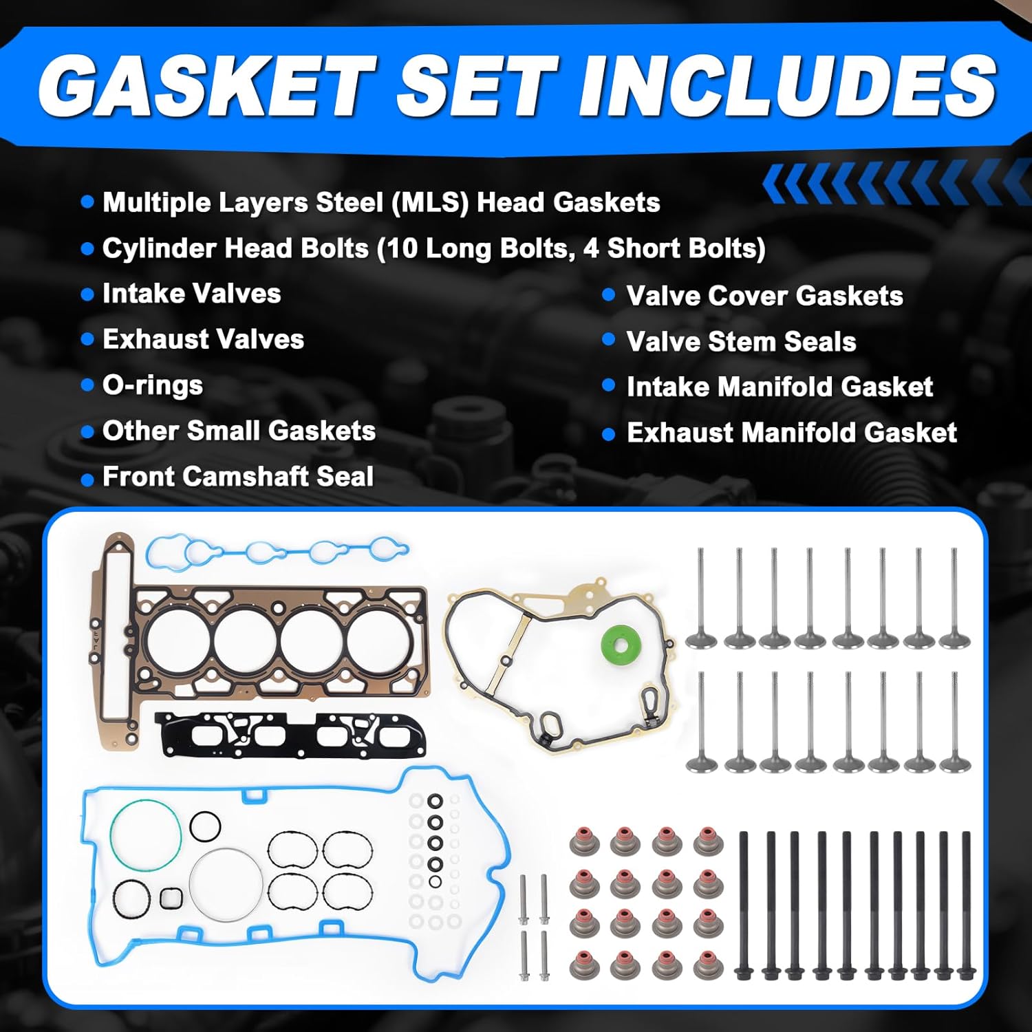 Head Gasket Set w/Intake & Exhaust Valves Kit for 2010-2017 Chevy Equinox/Captiva Sport/Malibu, for GMC Terrain, for Buick Lacrosse/Regal 2.4L HS26517PT