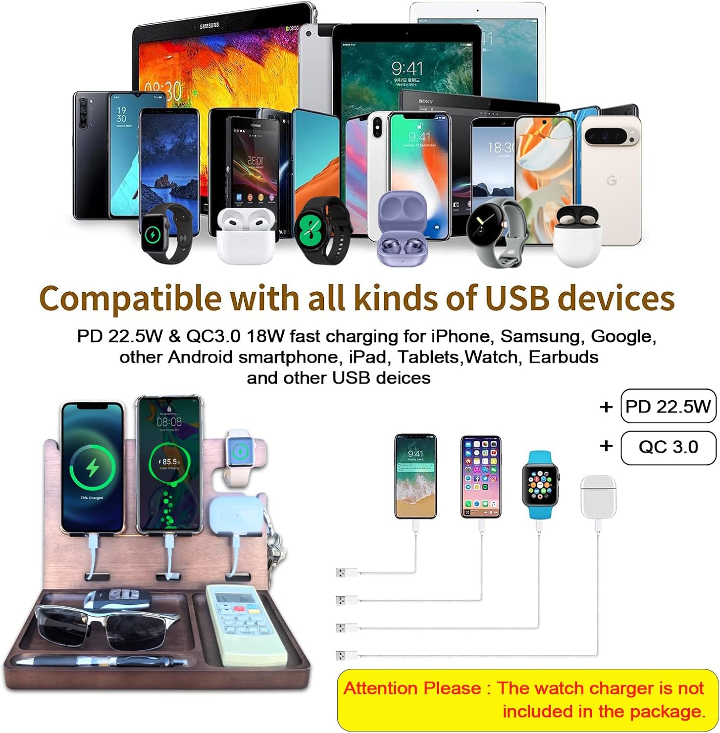 Wood Phone Docking Station Nightstand Organizer Charging Station with QC 3.0 & PD22.5W USB C Charger Fast Charging for iPhone Samsung Android Watch Airpod Anniversary Birthday Gifts for Men