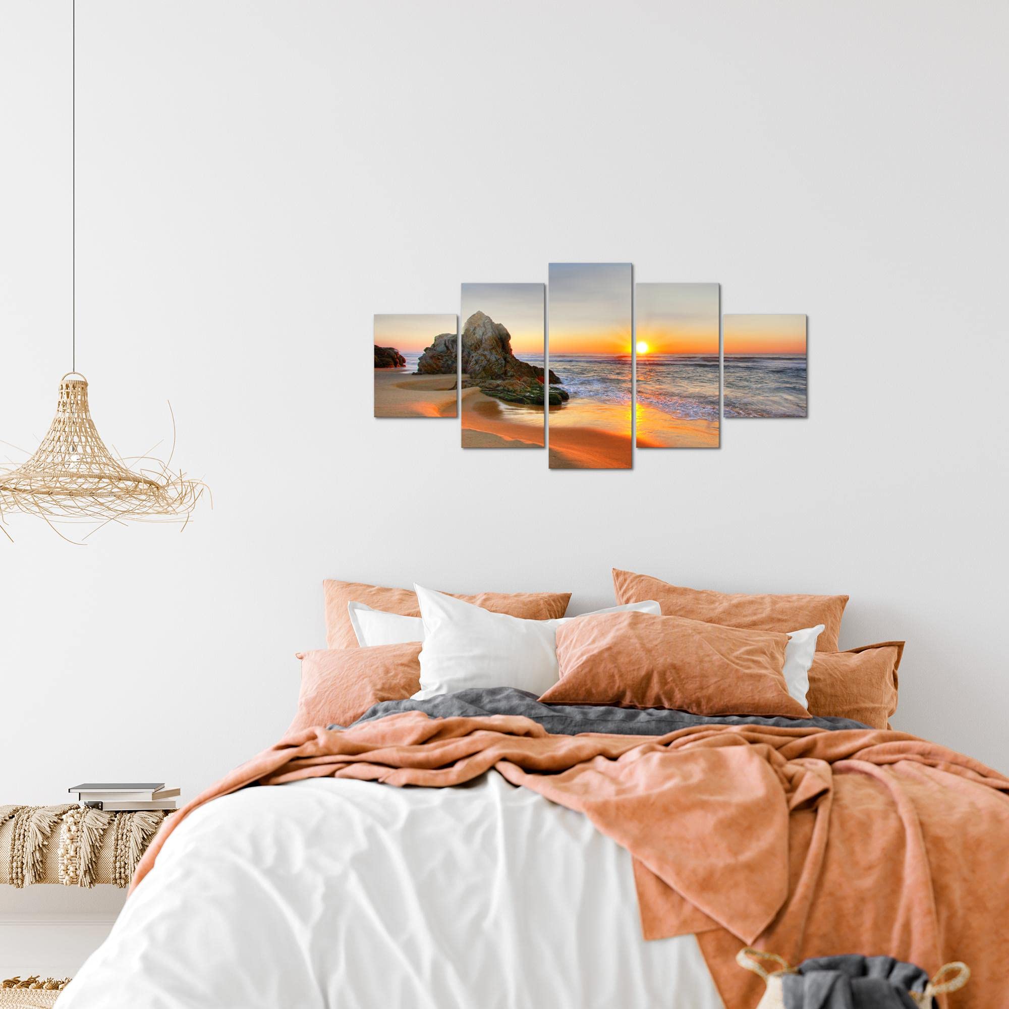 Quadro Alba Spiaggia 200x100cm – 5 Pezzi XXL Decorazione Murale Design Arancia, Stampa Su Tela Non Tessuta