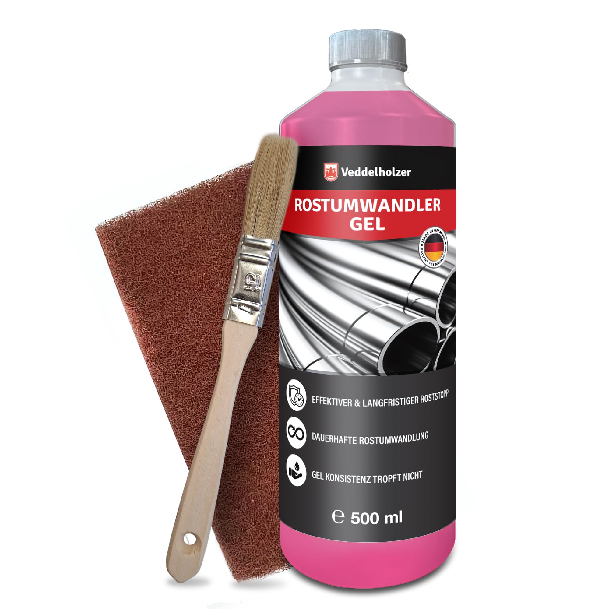 Veddelholzer Premium 500 ml Rostumwandler Gel Set incluye fieltro abrasivo y cepillo. Desengrasante de óxido, anticorrosivo, eliminador de óxido para metal, coche, moto, bicicleta, etc. Alternativa