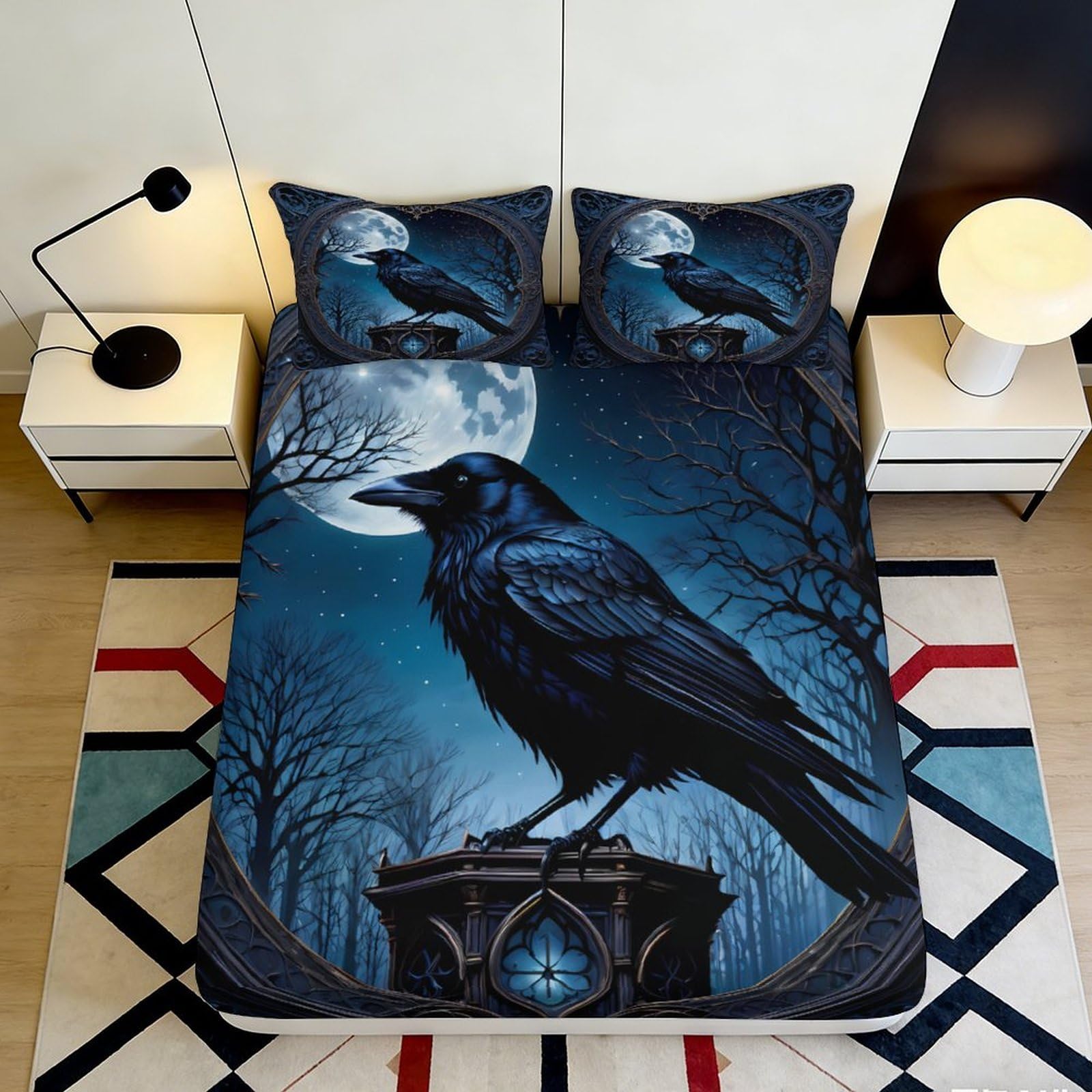 3D Printed Moon Raven Fitted Sheet Microfiber Soft Breathable Gothic Forest Bed Cover for Bedroom Guestroom Decor 90x200x25cm