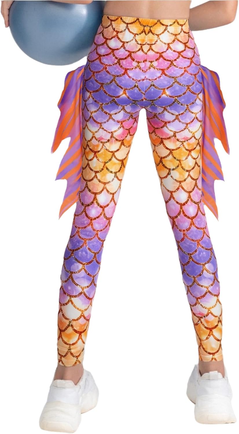 Jhaoyu 2-Pack Fish Scale Leggings for Girls Mermaid Tight Pants Carnival Dress Up High Waist Halloween Bottoms