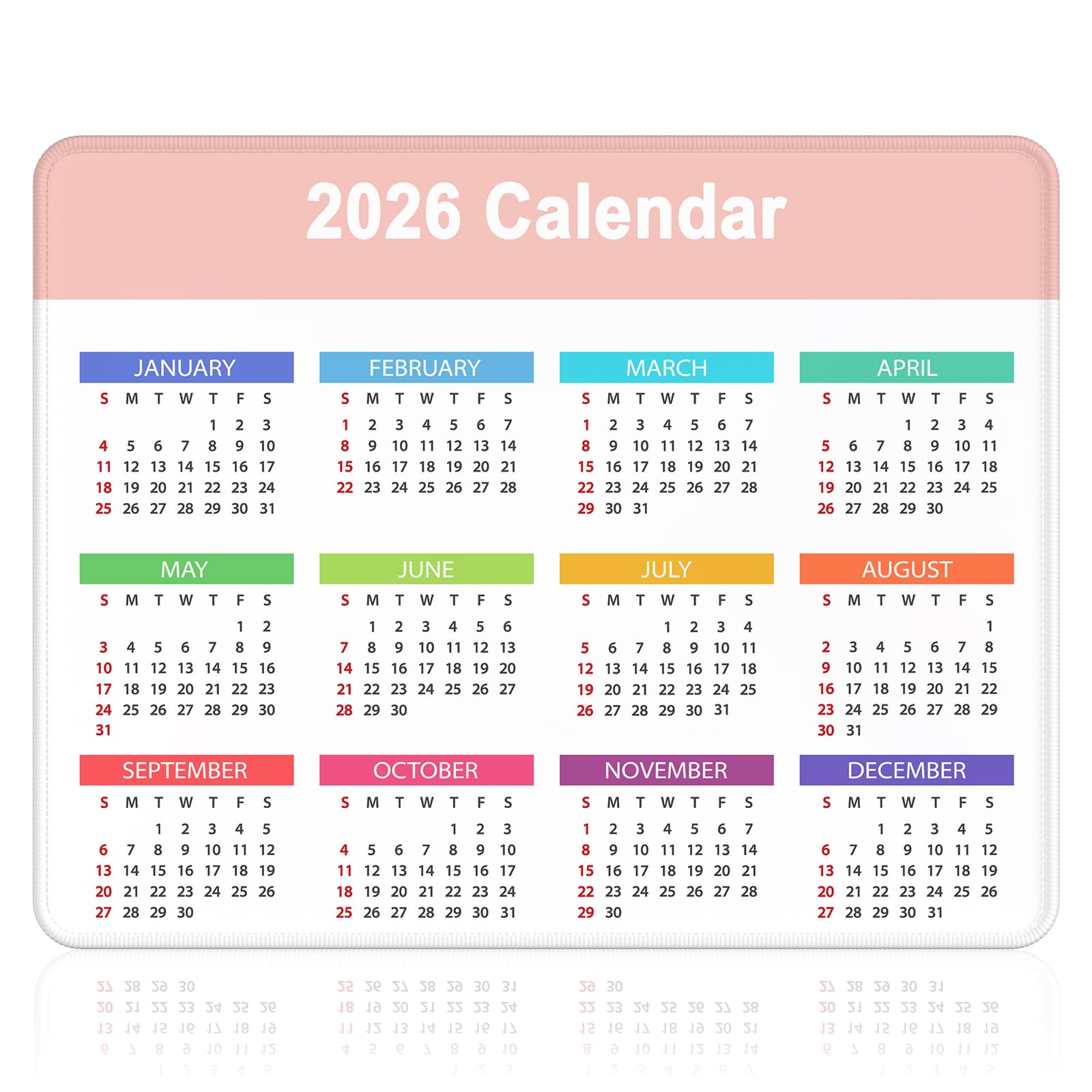 Dapesuom 2026 Calendar Mouse Pad, Computer Mousepad with Stitched Edges for Wireless Mouse, Waterproof Mouse Mat with Non-Slip Rubber Base, Ergonomic Mouse Pads for Gaming, 9.8 x 7.8 in, Pink