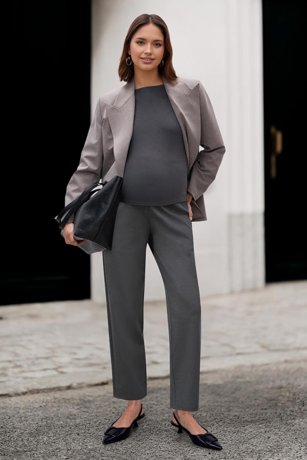 OUGES Womens Stretchy Maternity Over Belly Casual Work Straight Leg Pants Ankle Business Office Trousers with Pockets - Image 6