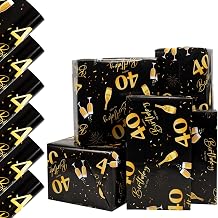Vinuwu 6 Sheets 40th Birthday Wrapping Paper, Birthday Gift for Women Men | 70x50cm Black & Gold Celebration Happy Birthday Gift Wrap Paper for Ladies Female, Decorations Recyclable