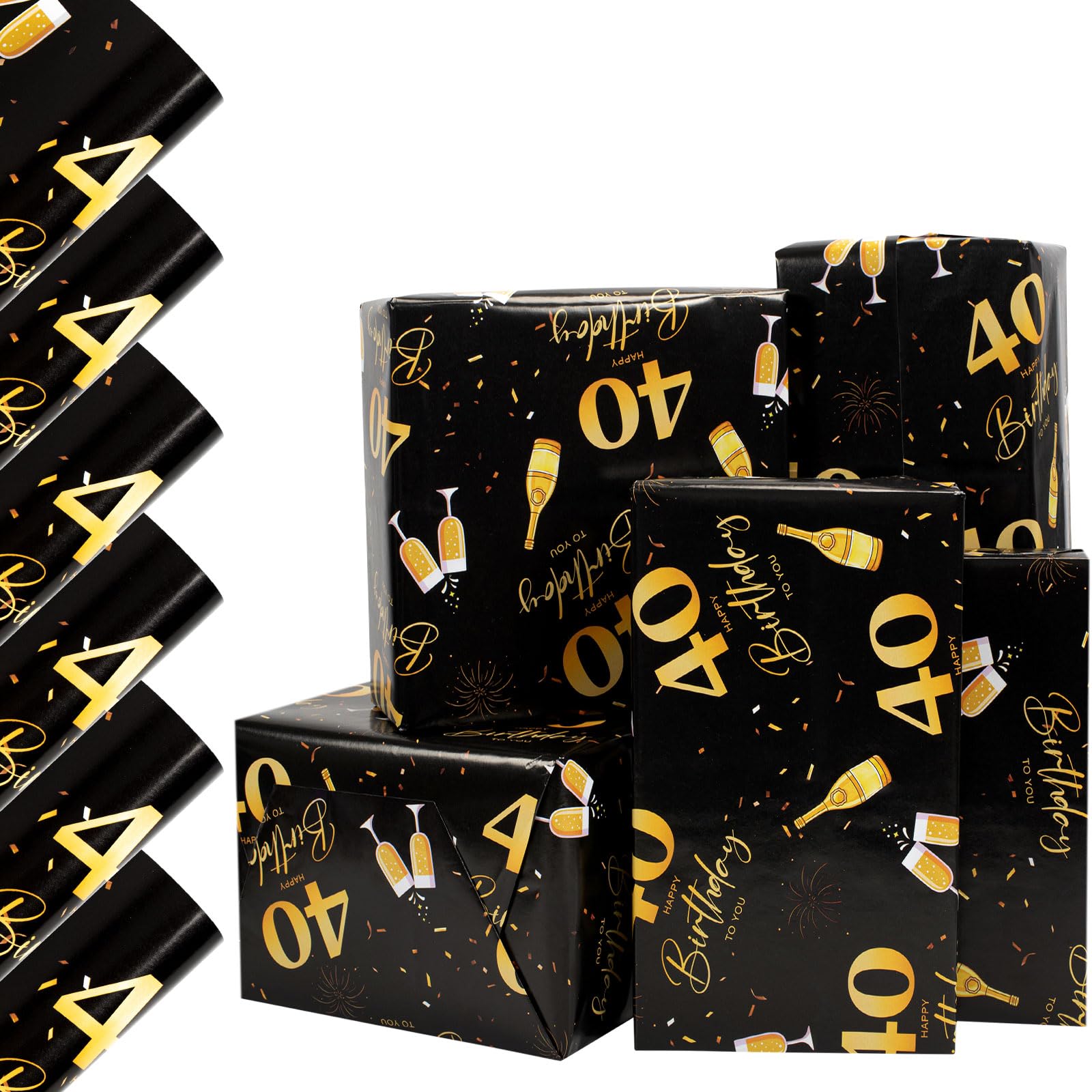 Vinuwu 6 Sheets 40th Birthday Wrapping Paper, 70x50cm Black & Gold Celebration Happy Birthday Gift Wrap Paper for Women Ladies Female Men, Decorations Recyclable - 40th