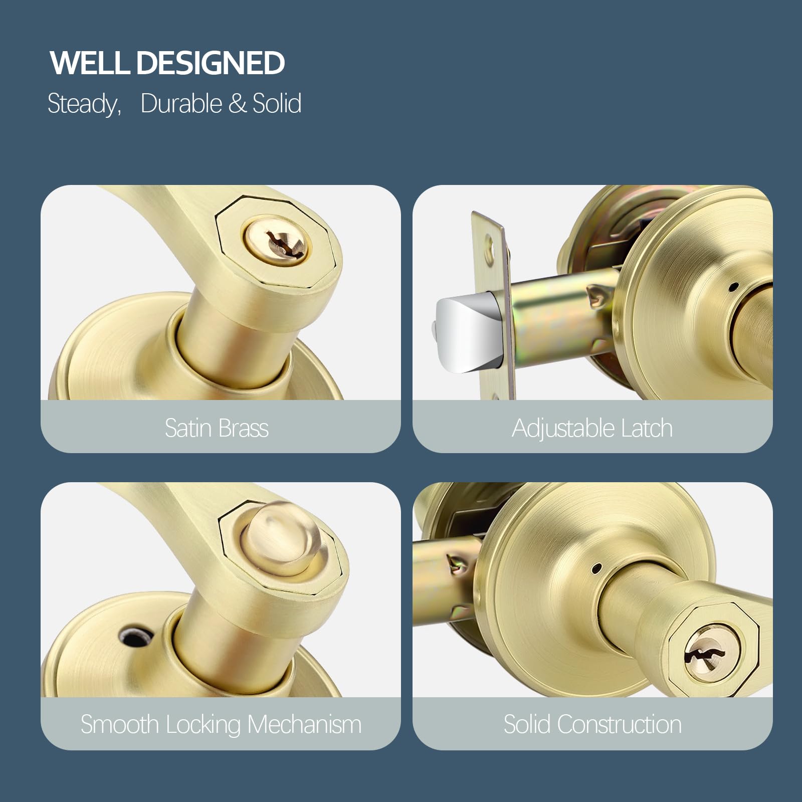 EHOMEWARE 2 pomos de puerta de entrada con llave igual con cerradura y llave, manijas de puerta de latón satinado dorado interior, manijas de puerta de latón satinado exterior, manijas de puerta a
